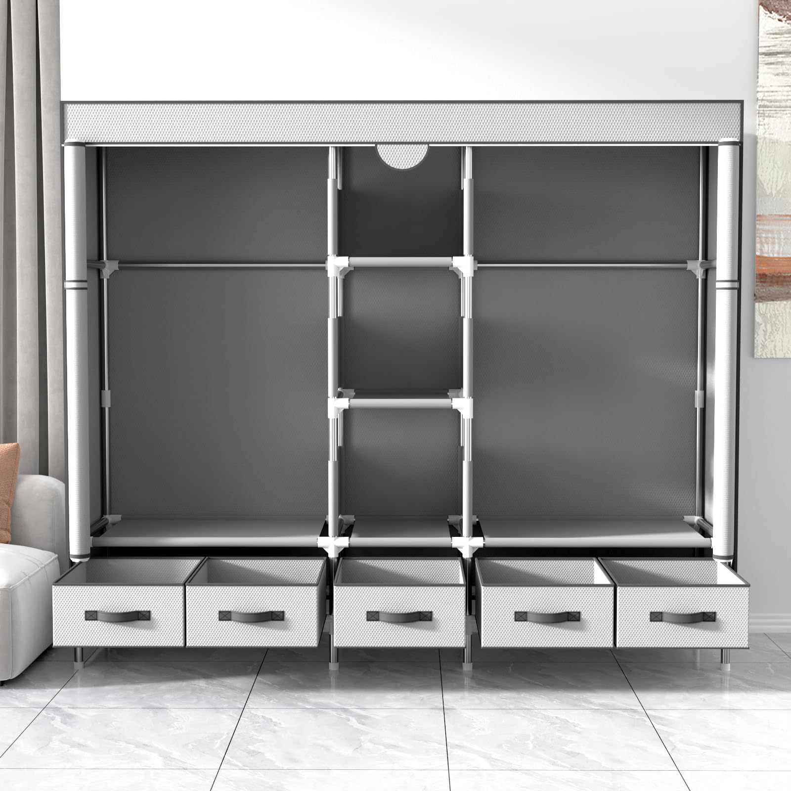 Kleiderschrank,Schlafzimmer Stoffschrank,Kleiderstander mit Schubladen,Faltbar Garderobe mit 2 Kleiderstange
