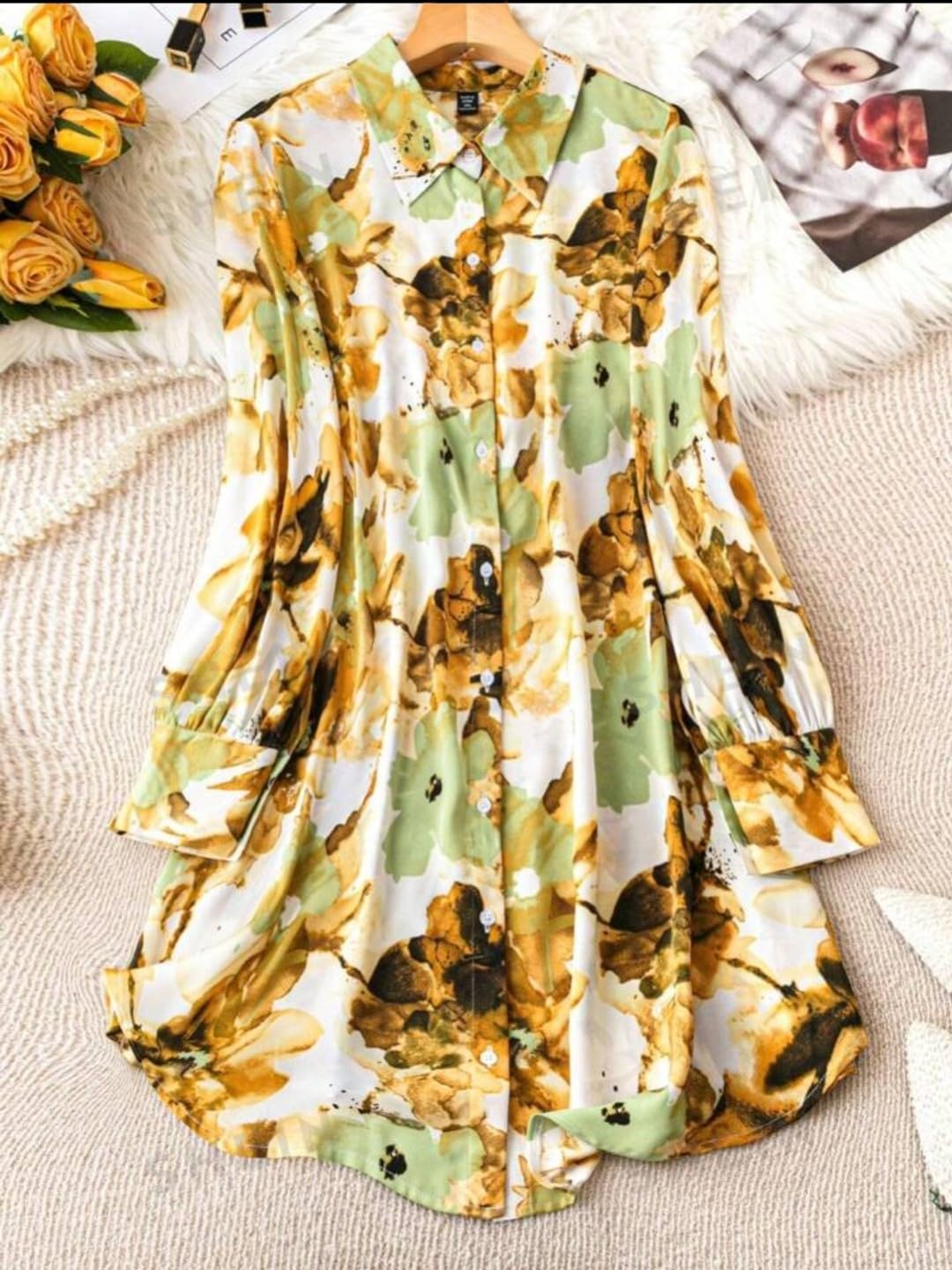 Gufrina Vestido midi de manga larga para mujer, elegante, con botones, estampado floral