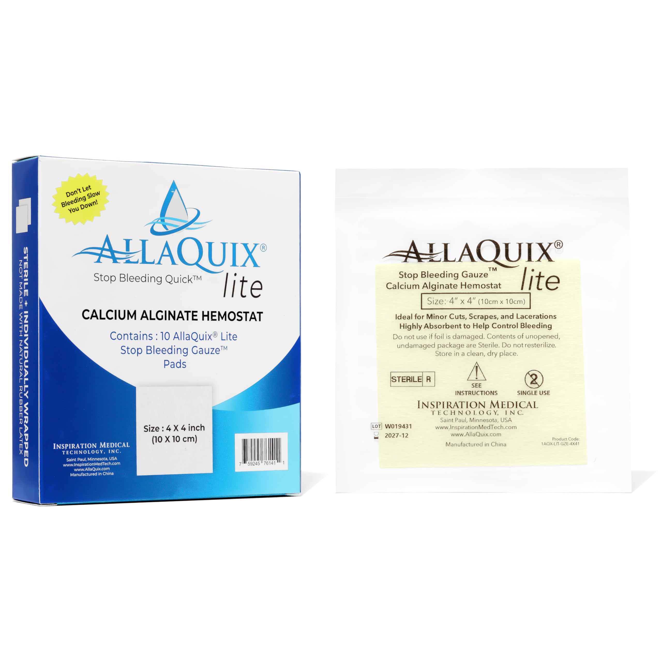 Stop Bleeding Fast – AllaQuix Lite Hemostatic Gauze Pads 4" x 4" – Calcium Alginate Wound Dressing – Sterile, High Absorbency, Non-Adherent – First Aid for Bleeding Control – 10 Count