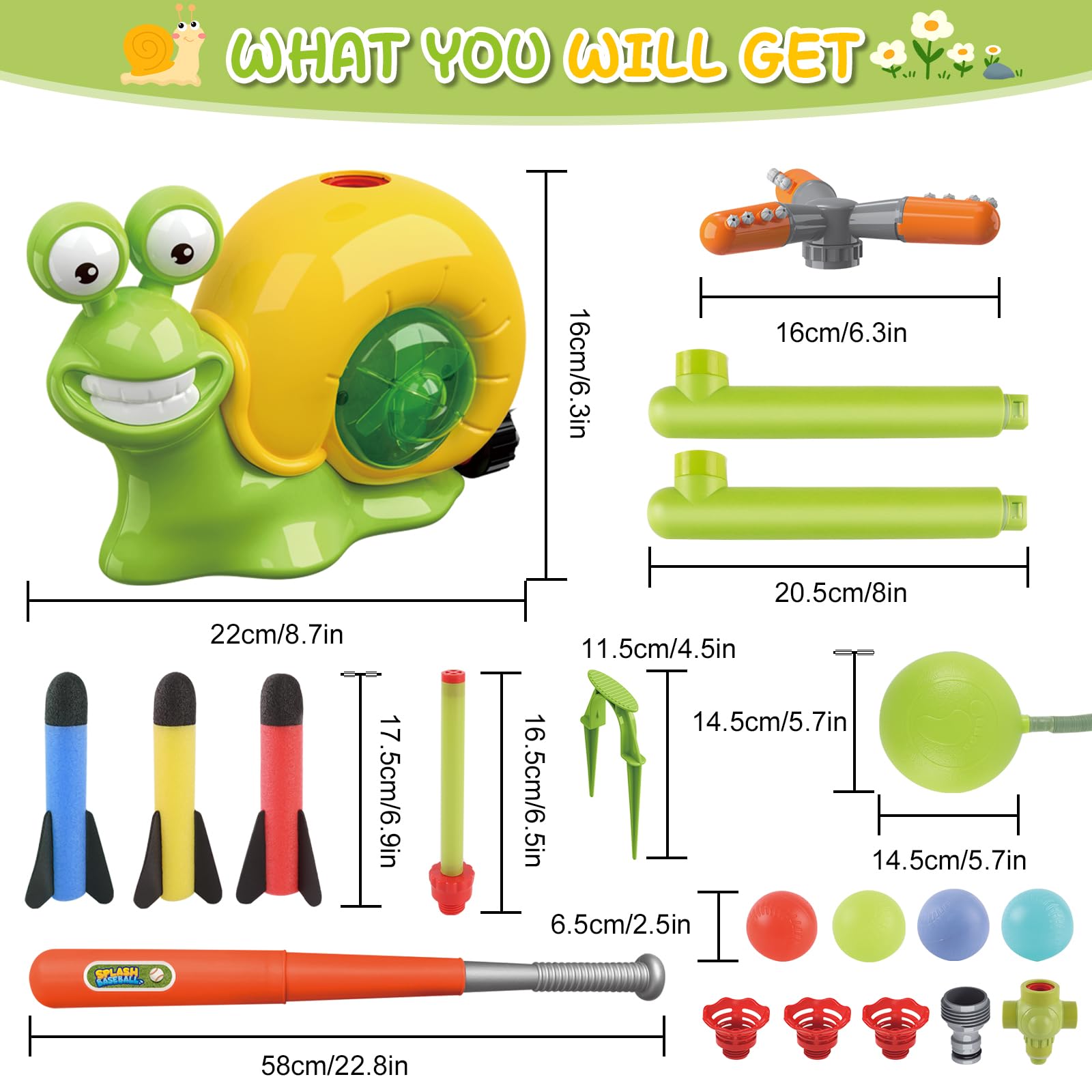 deAO 4-in-1 Spruzzatore d'acqua per Bambini: Baseball + Lancio di Razzi con Spruzzatore a Chiocciola a 360°, 3 Ugelli e 3 Razzi, Giocattolo d'Acqua Estivo per Giardino, Piscina, Spiaggia da 3 anni+
