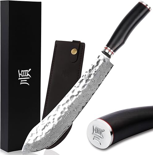 Miniatura 8 de YOUSUNLONG Breaking Knife Max Bull Nose Cuchillo de carnicero japonés de 12 pulgadas, 67 capas de acero de Damasco martillado con mango de madera de