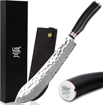 YOUSUNLONG Breaking Knife Bull Nose Pro Butcher Knife 10 inch Japanese 67 Layers Hammered Damascus Steel with Natural Leadwood Handle