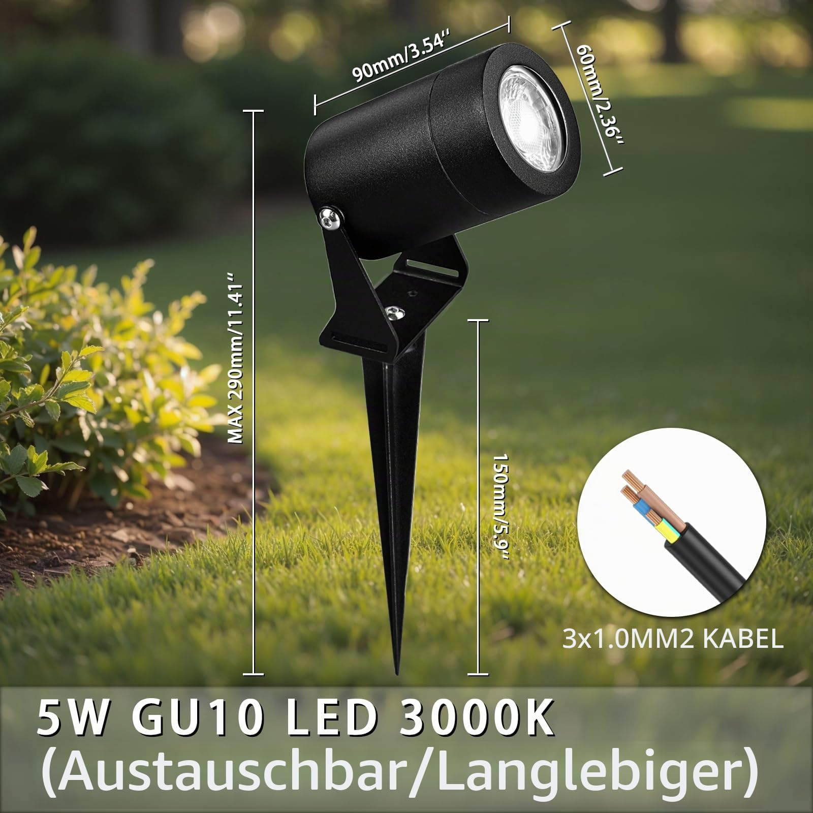 JNR Edelstahl LED Gartenbeleuchtung mit Strom und Erdspieß, Schwarz 2 Pack | IP65 Wasserdicht Gartenlampen für Draußen Strom mit 2M Kabel Kein Stecker, Gartenleuchten 5W GU10 3000K Warmweiß Glühbirne