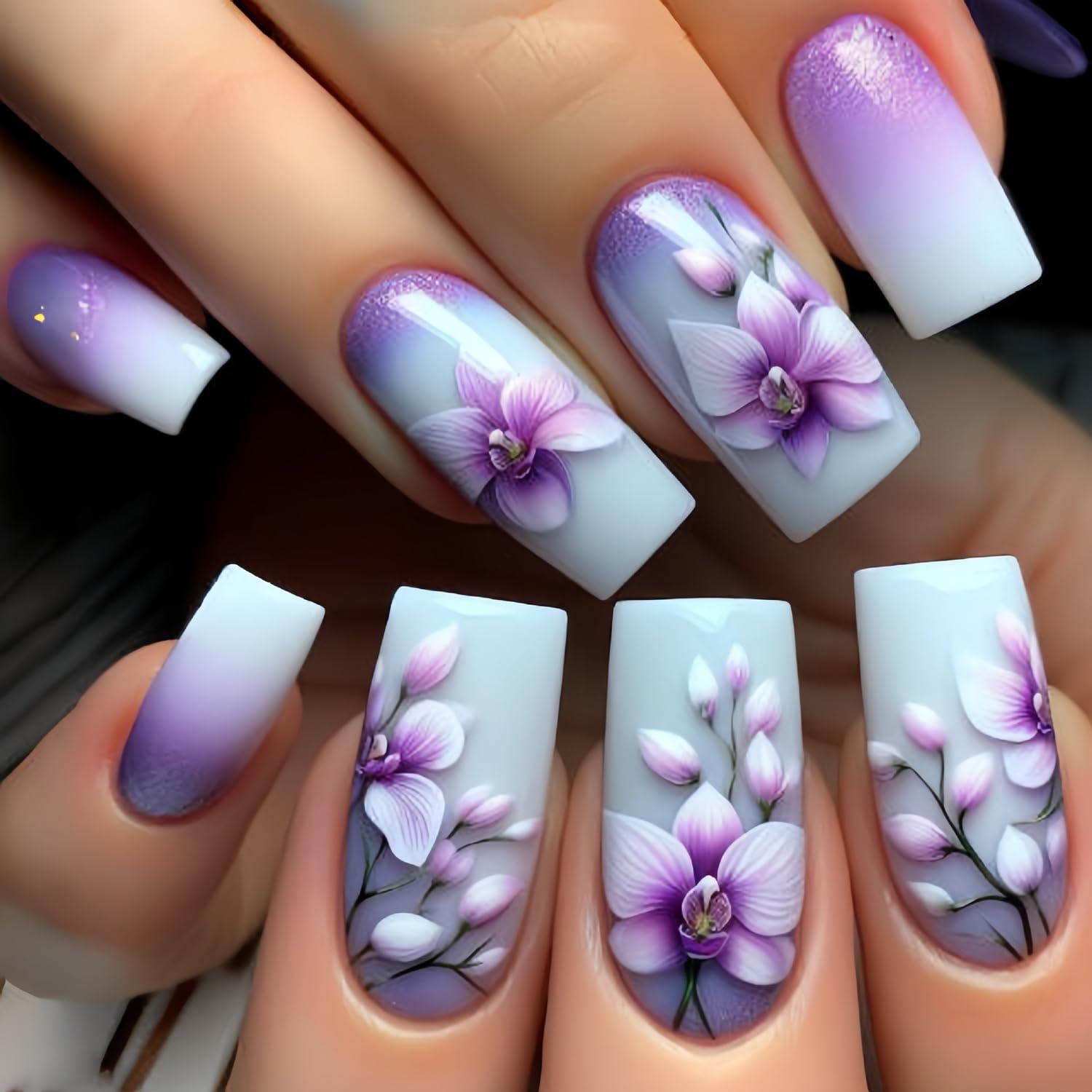 CJDLTS Purple Flower Press on Nails Medium Square Purple Gradient French False Nail Full Cover Press Ons with Floral Design Artificial Stick on Nail