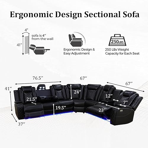 Miniatura 2 de Sofá modular reclinable eléctrico con LED, sofá modular reclinable eléctrico, sofá de cuero transpirable con puerto USB y portavasos para sala de