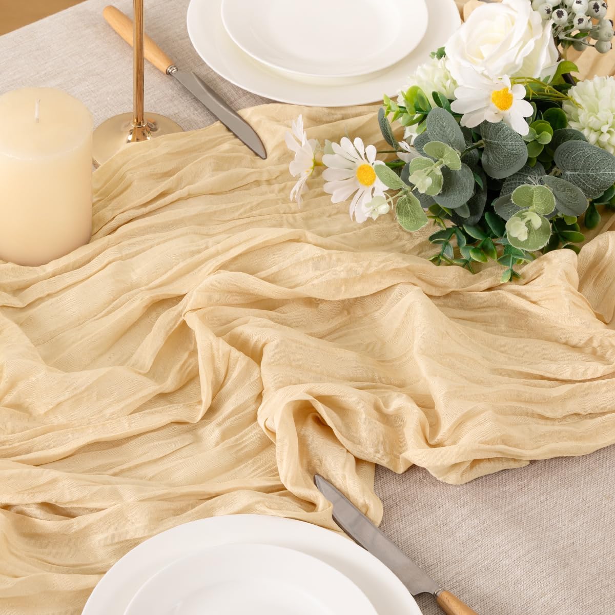 MLMW Spring Easter Champagne Gold Cheesecloth Table Runner Boho Rustic Cheese Cloth Table Runner 120 inches Long 12pcs Dinner Runner for Wedding Baby Brial Shower Birthday Party Party Home Decor