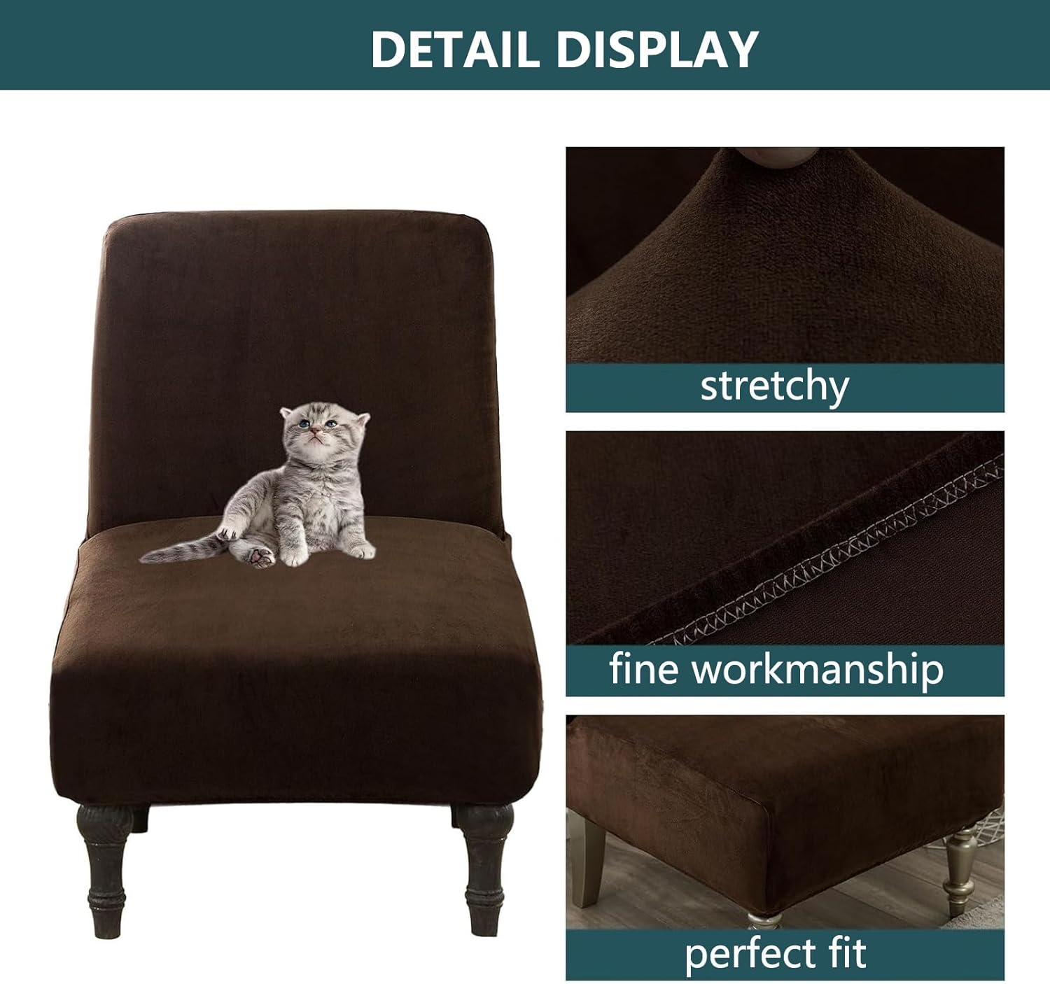 Velvet Armless Chair Cover, Skin-Friendly Elastic Fabric, Non-Slip Edge Design(Dark Coffee,2pcs)
