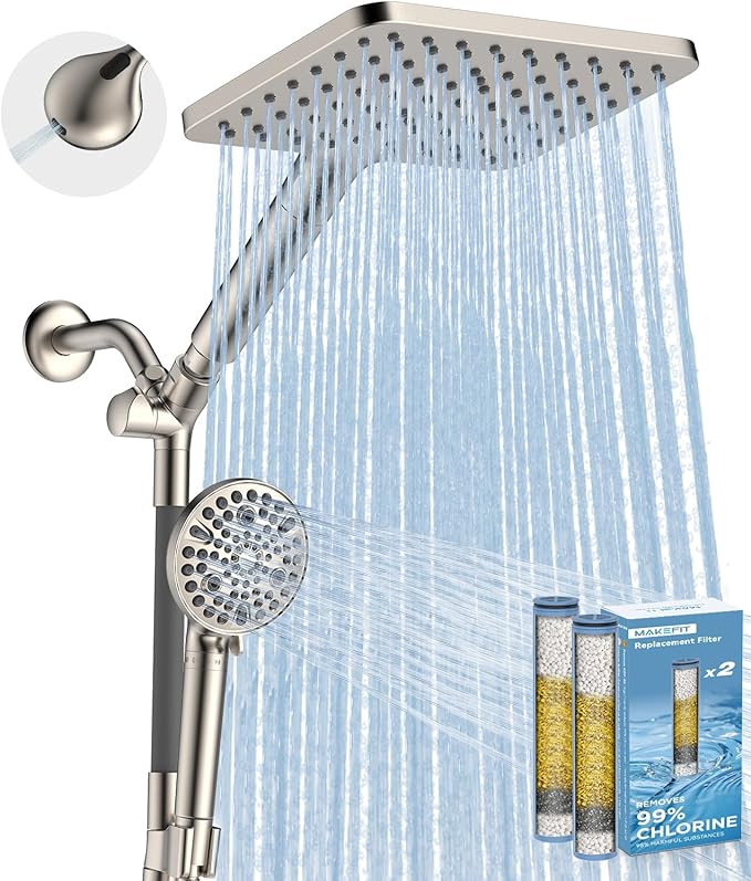 Dual Filtered Rain Shower Head Combo, High Pressure Handheld Shower Head with Adjustable Bar - Rainfall Shower Head And Showerhead with Filter for Hard Water - Removes Chlorine