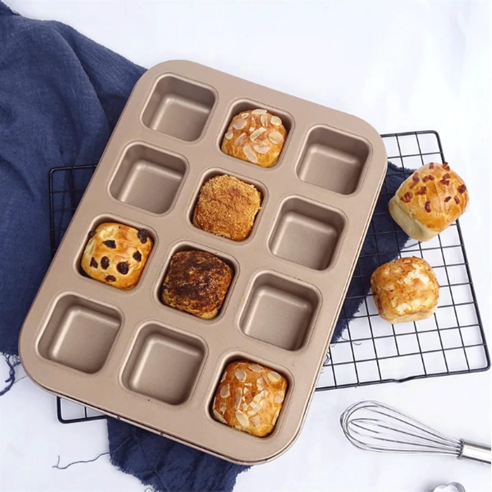 Moule à muffins carrés 12 cavités - antiadhésif for mini-pains, hamburgers et gâteaux, compatible four, micro-ondes lave-vaisselle