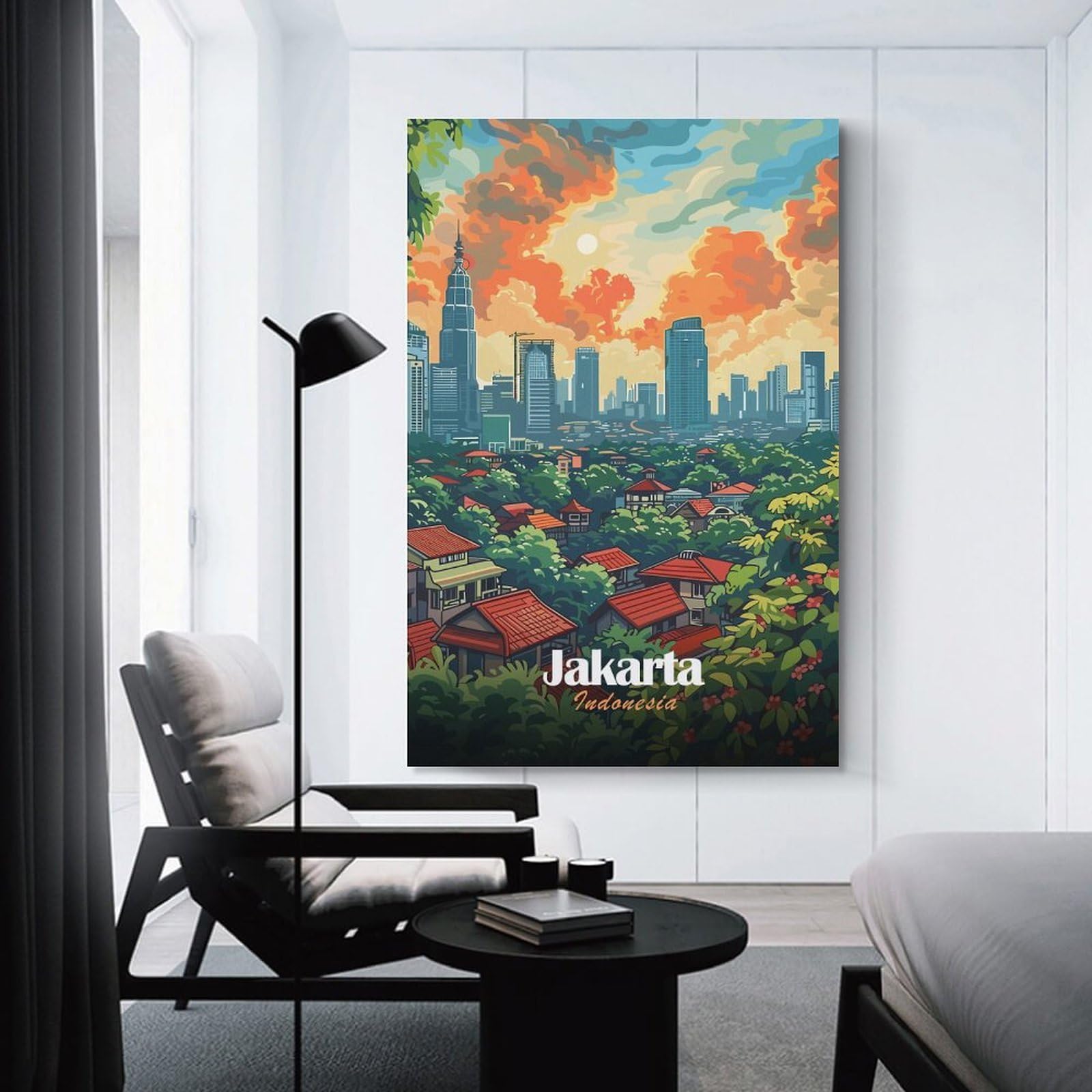 Junmoney Decorative Wall Artwork Jakarta, Indonesia Cityscape Illustration, 20x30inch(50x75cm), for Calm Bedrooms, Home Corners Or Flats, An Easy Wall Refresh for Bedrooms