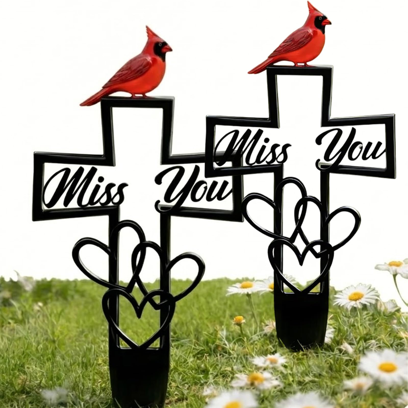 Metal Cemetery Memorial Plaque for Remembrance, Cardinal Memorial Grave Stakes Cross with Miss You Script & Heart Accent, Outdoor Ground Markers for Cemetery, Garden (1 PC) — view 8