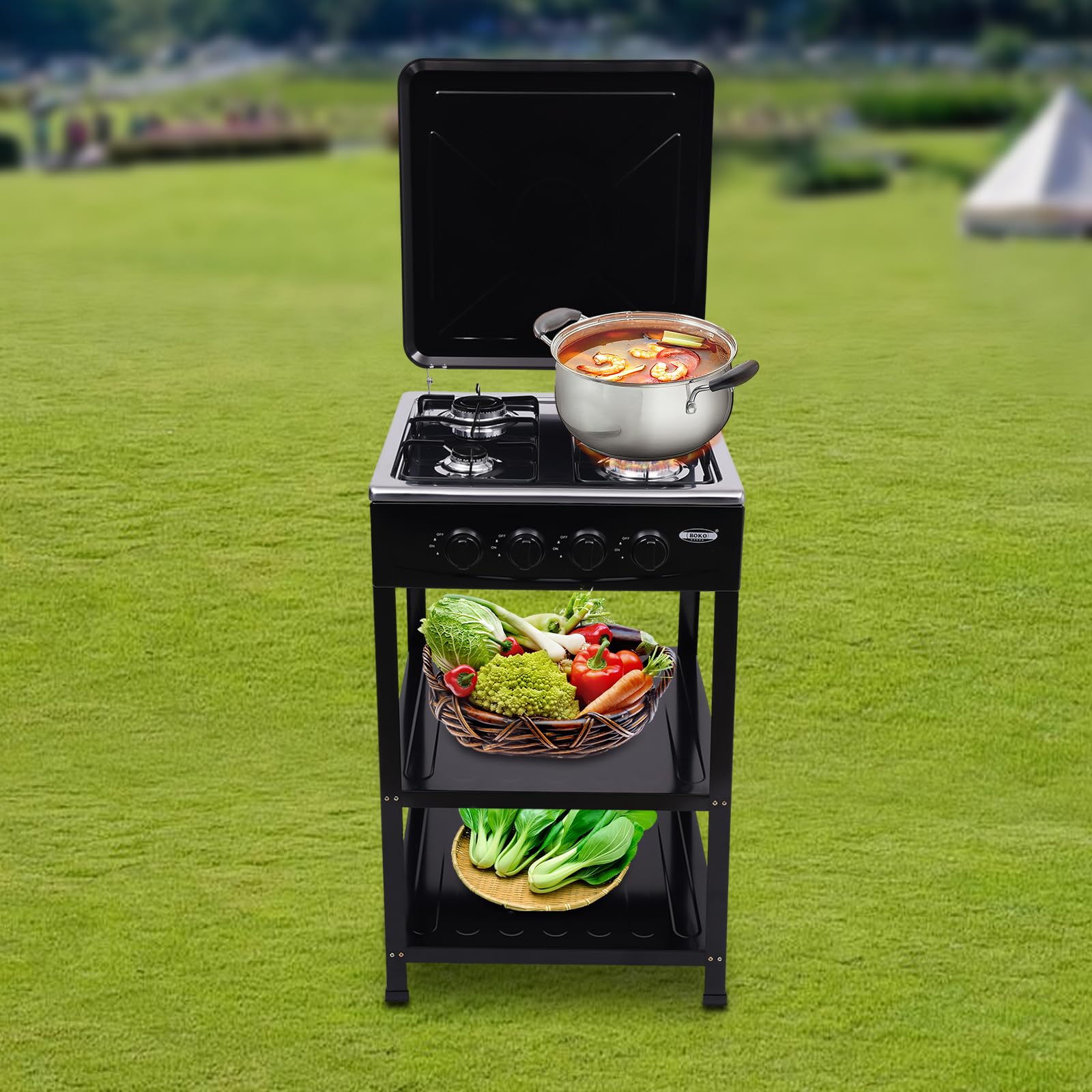 Cuisinière à gaz 4 flammes extérieur acier inoxydable portable noir avec couvercle