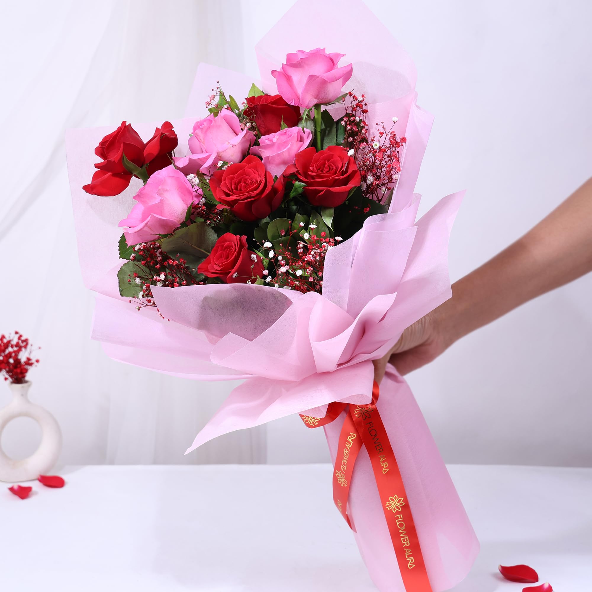 FlowerAura Romantic Fresh Live Flower Bouquet of 5 Red & 5 Pink Roses In Non Woven Paper Gift For Birthday | Anniversary | Love Surprise | Rose Day | Valentine's Day (Same Day Delivery)-image-10
