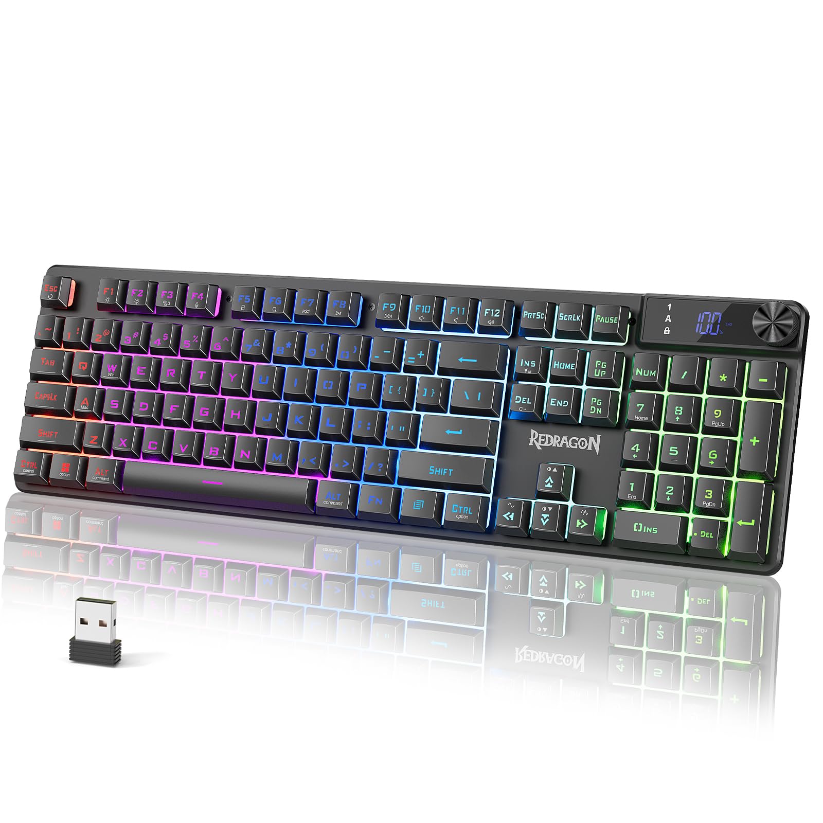 Redragon K521 Pro Wireless Gaming Keyboard with Screen, 4000mAh Battery | Mechanical Feeling, Tri-Mode BT/2.4G/USB-C, RGB Keyboard, 12 Multimedia Keys, Programmable Software, Full-size keyboard Glossy Black