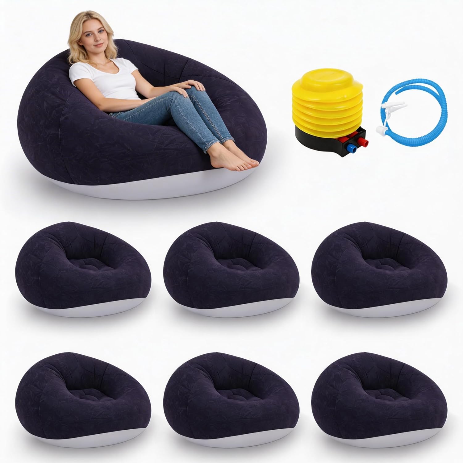 6 Pcs Deep Blue Inflatable Sofa Chairs with Foot Pump, 330 lbs Capacity & 39”x24” Size, Portable Blow Up Couch for Camping Movie Night Home Lounge – Quick Inflation Compact Fold