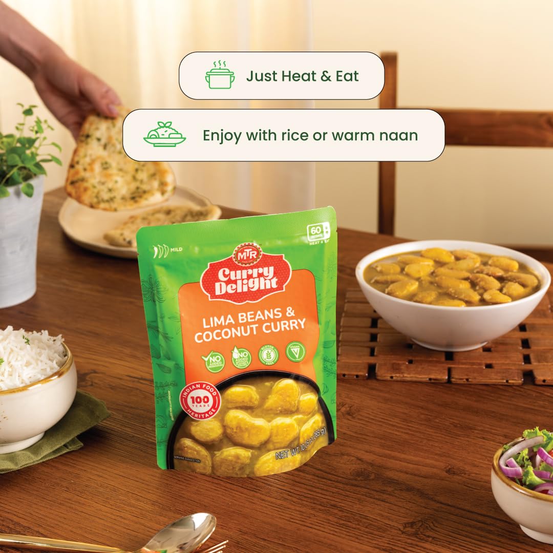 MTR Curry Delight - Authentic Indian Ready-to-Eat Lima Beans & Coconut Curry - Gluten-Free, No Added Preservatives or Artificial Additives - Delicious 100% Veg Indian Meal - Serves 2-285g - Pack of 6
