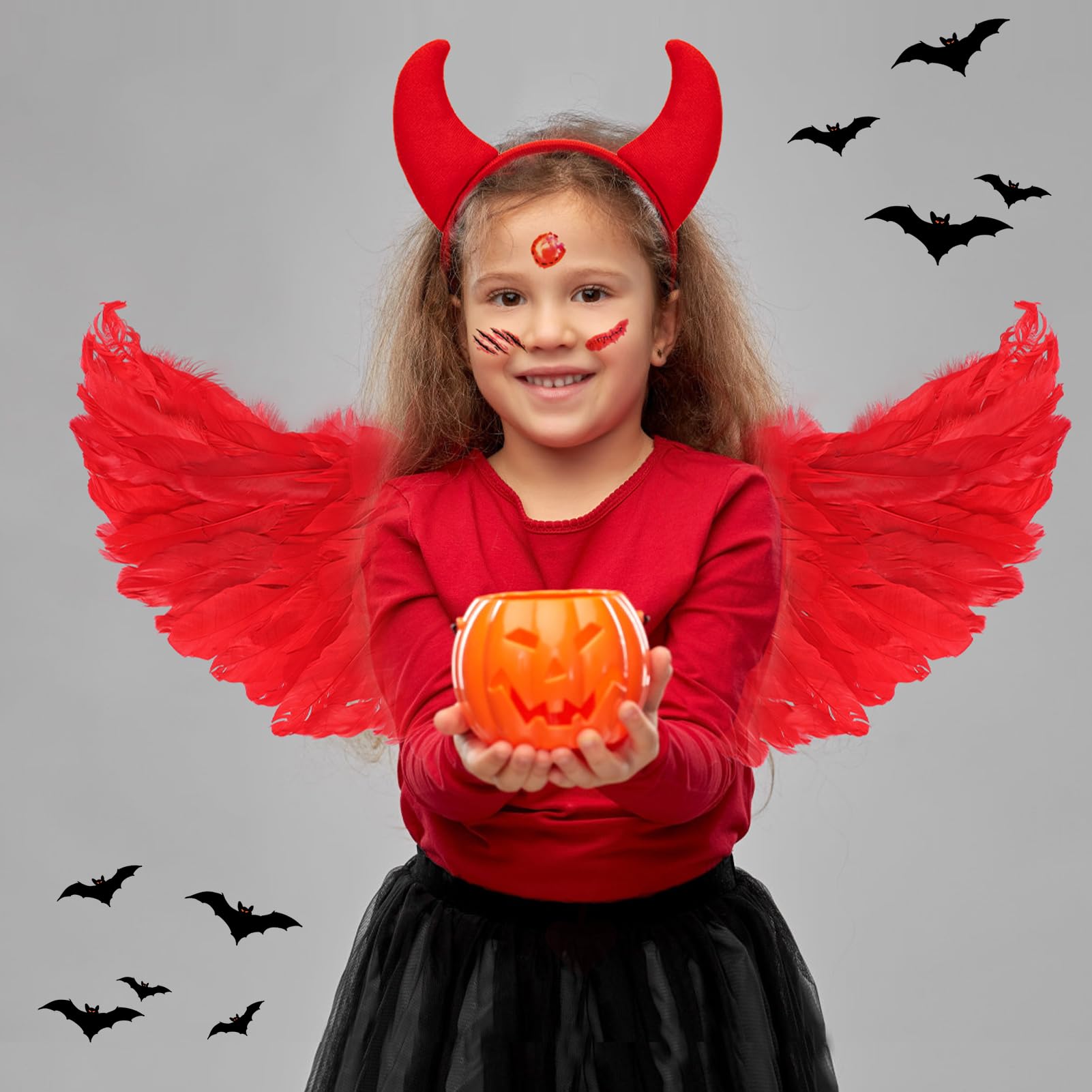 Hpbaggy Accessoires De Costume De Diable D'Halloween,Corne Diable,Gants Rouges,Fourche Rouge,Tatouage Halloween,Strass Visage,Faux Sang Spray,Pour Enfants Et Femmes,Carnaval,Cosplay