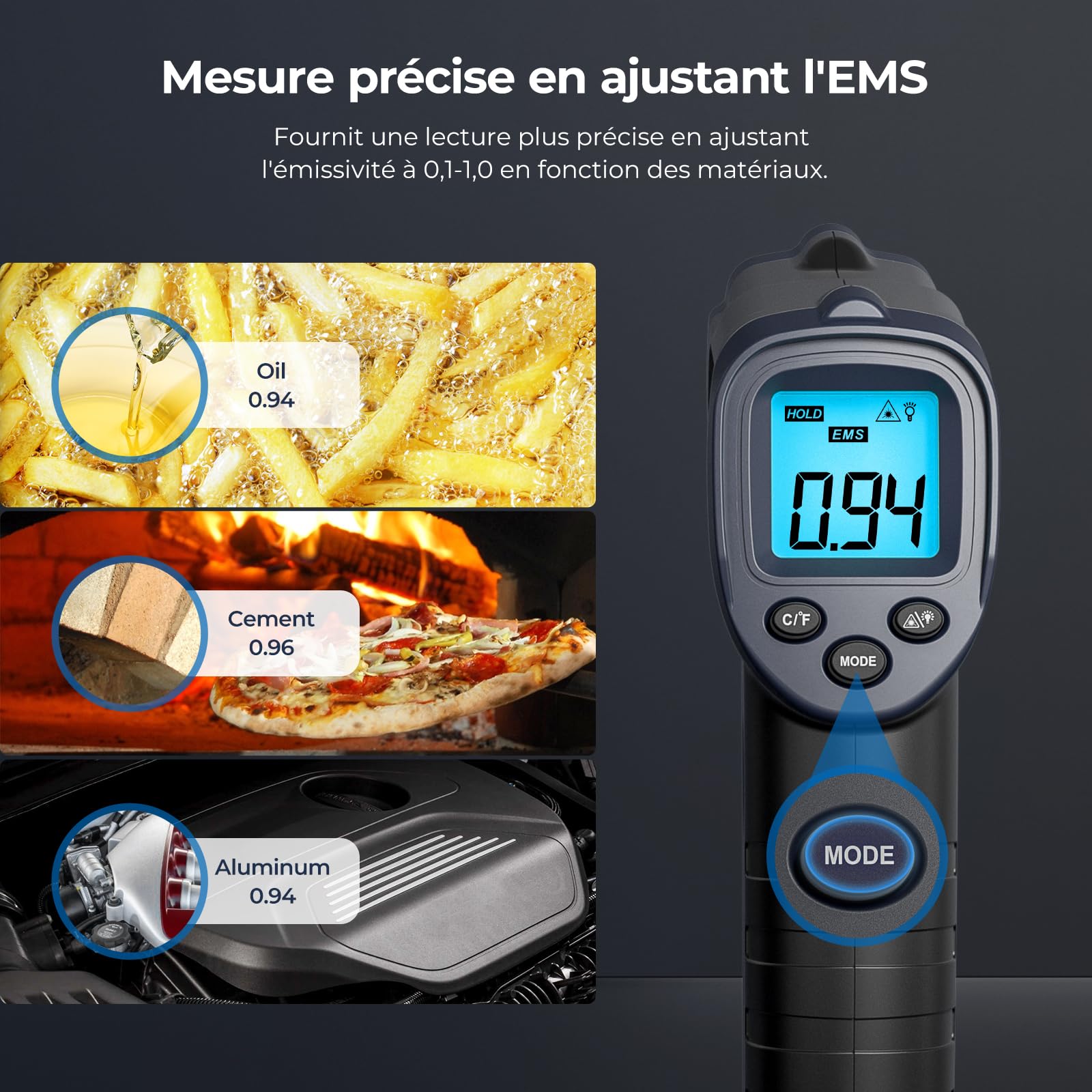 ERICKHILL Thermomètre infrarouge -50 ℃ ~ 600 ℃ Taille compacte Thermomètre laser sans contact Pistolet Écran LCD rétroéclairé Émissivité réglable - pour réparation de véhicules/cuisine/alimentation