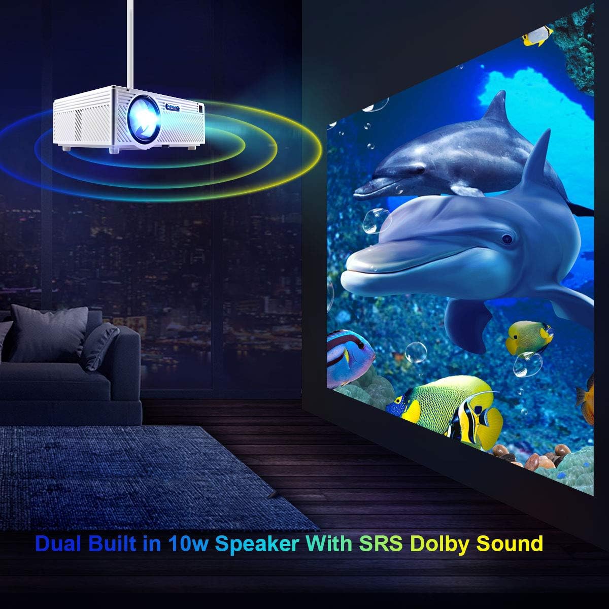 Image showing the projector projecting a scene with dolphins and sound waves emanating from it, indicating dual built-in speakers