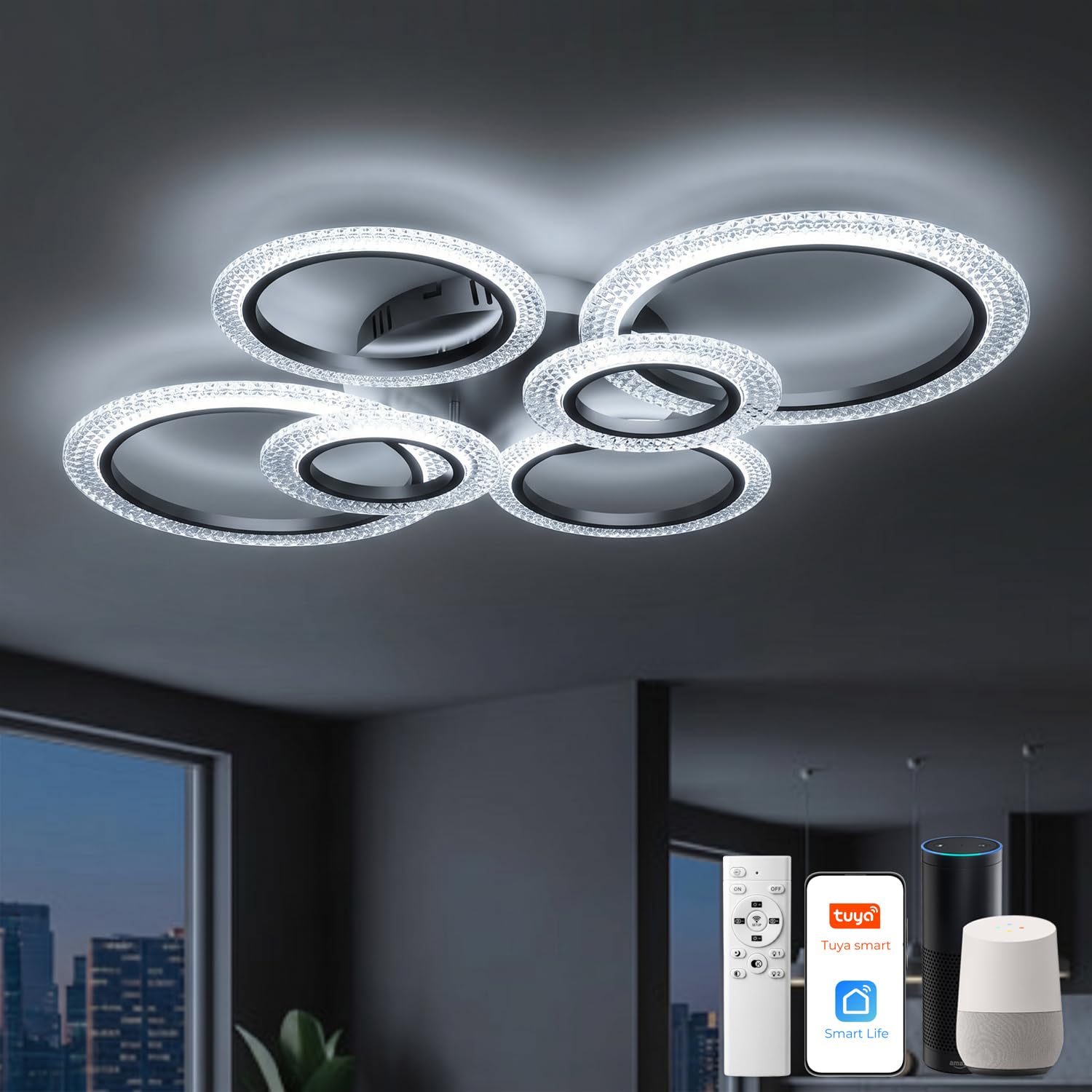 Lampadario Soggiorno Smart a 6 Anelli, Plafoniera Soffitto LED Compatibile con Alexa e Google Home, Luce a Soffitto Dimmerabile App/Tuya (40W, 4000LM), Funzione Memoria e Timer, Nero