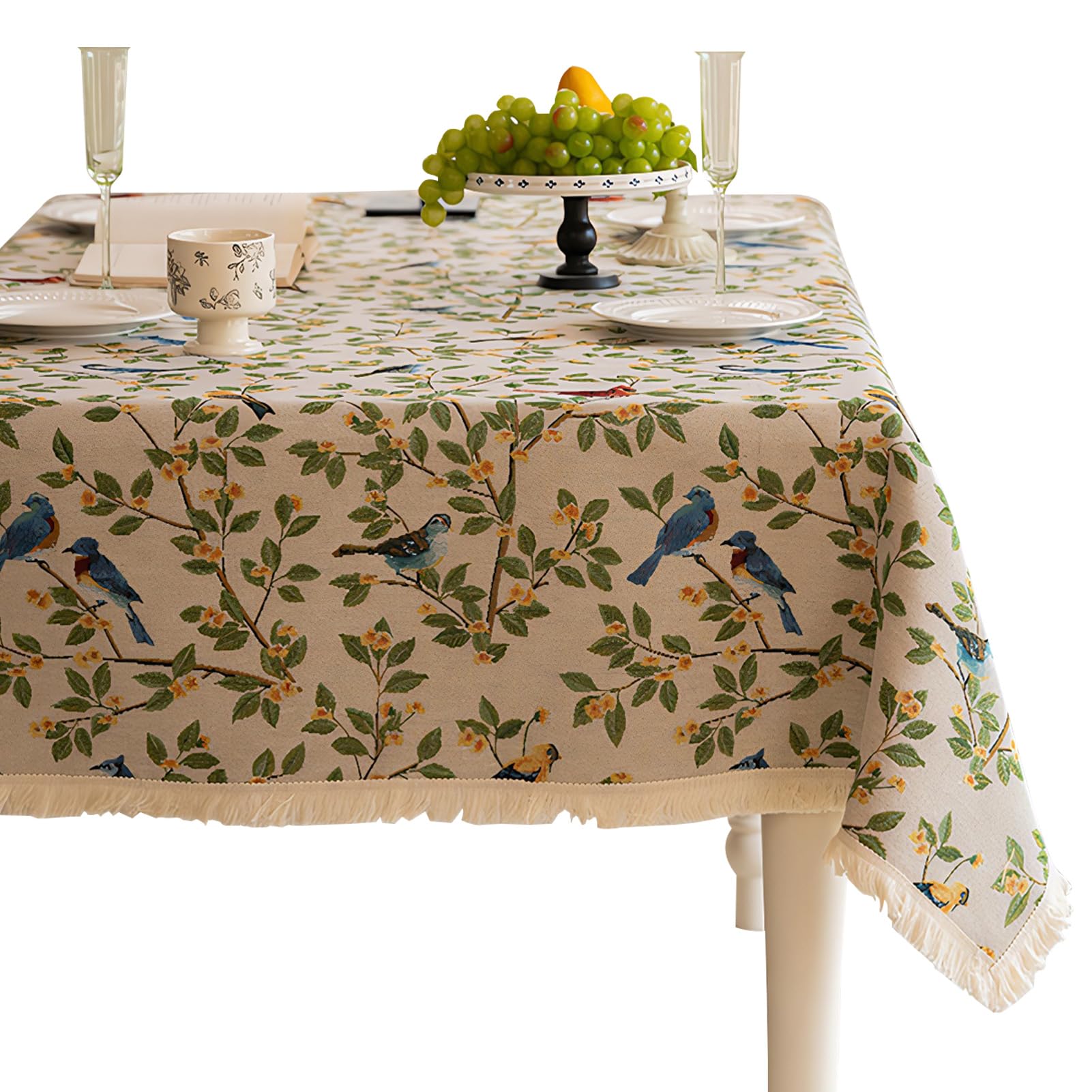 Ausing Cotton Linen Tablecloth 140×180 cm Leaf and Birds Oil Painting Aesthetic Table Cloth Room Decoration
