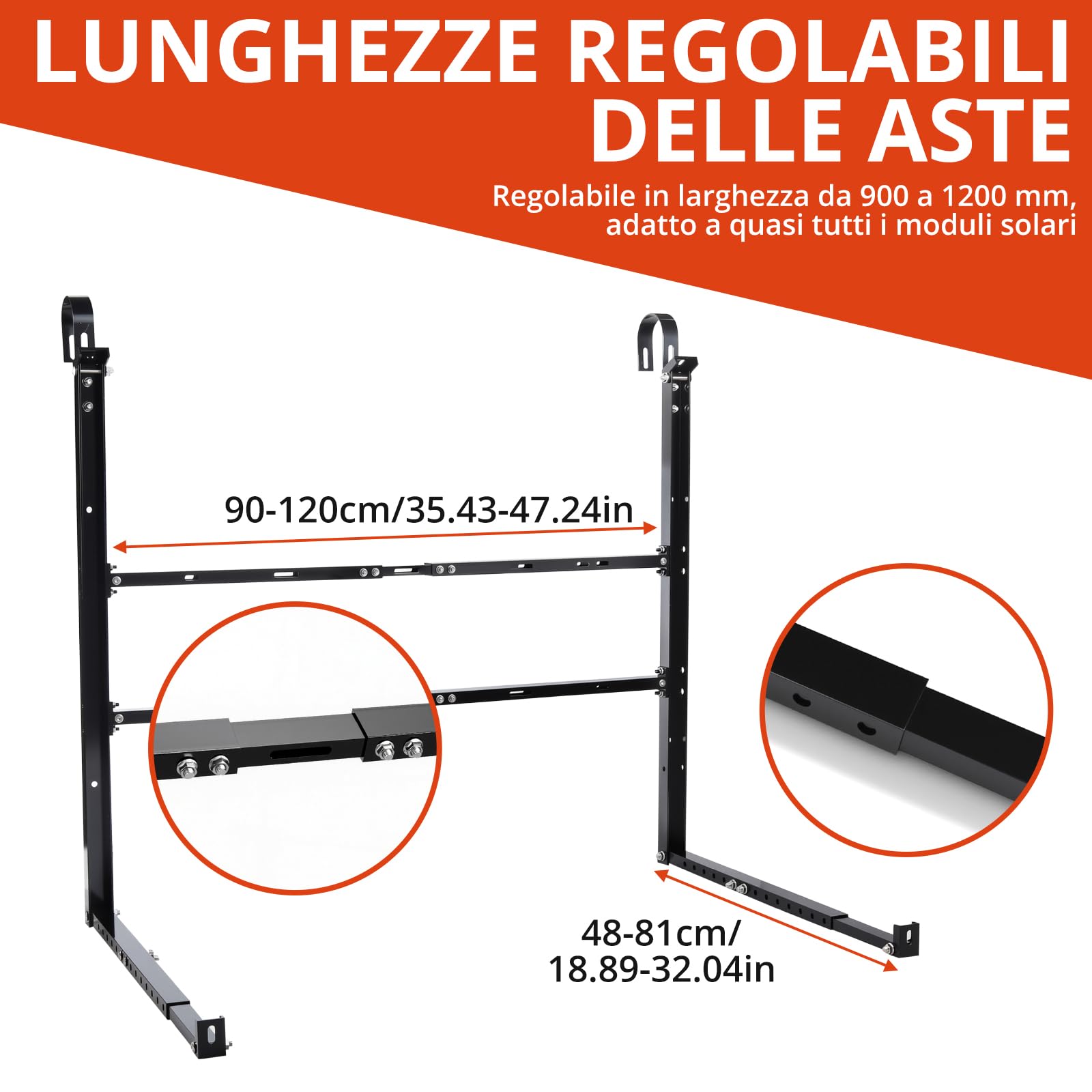 GETLITOOL Soporte Panel Solar 3 en 1 Aluminio Ajustable Balcón Pared Suelo | Ángulo 15-45°, ancho 900-1200mm, para módulo fotovoltaico hasta 1134mm, kit completo montaje balconera