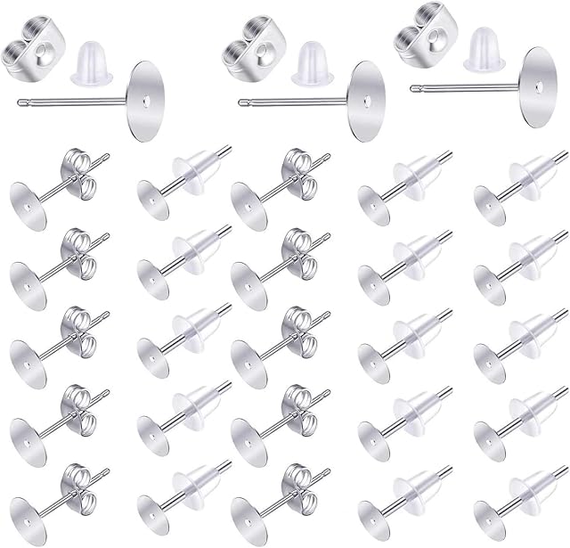 600PCS 5MM Stainless Steel Earrings Posts And Backs Hypoallergenic Earrings Flat Back Blank Earring Studs Earring Making Findings With Earring Backs And Rubber Stoppers for DIY Jewellery Making Kit