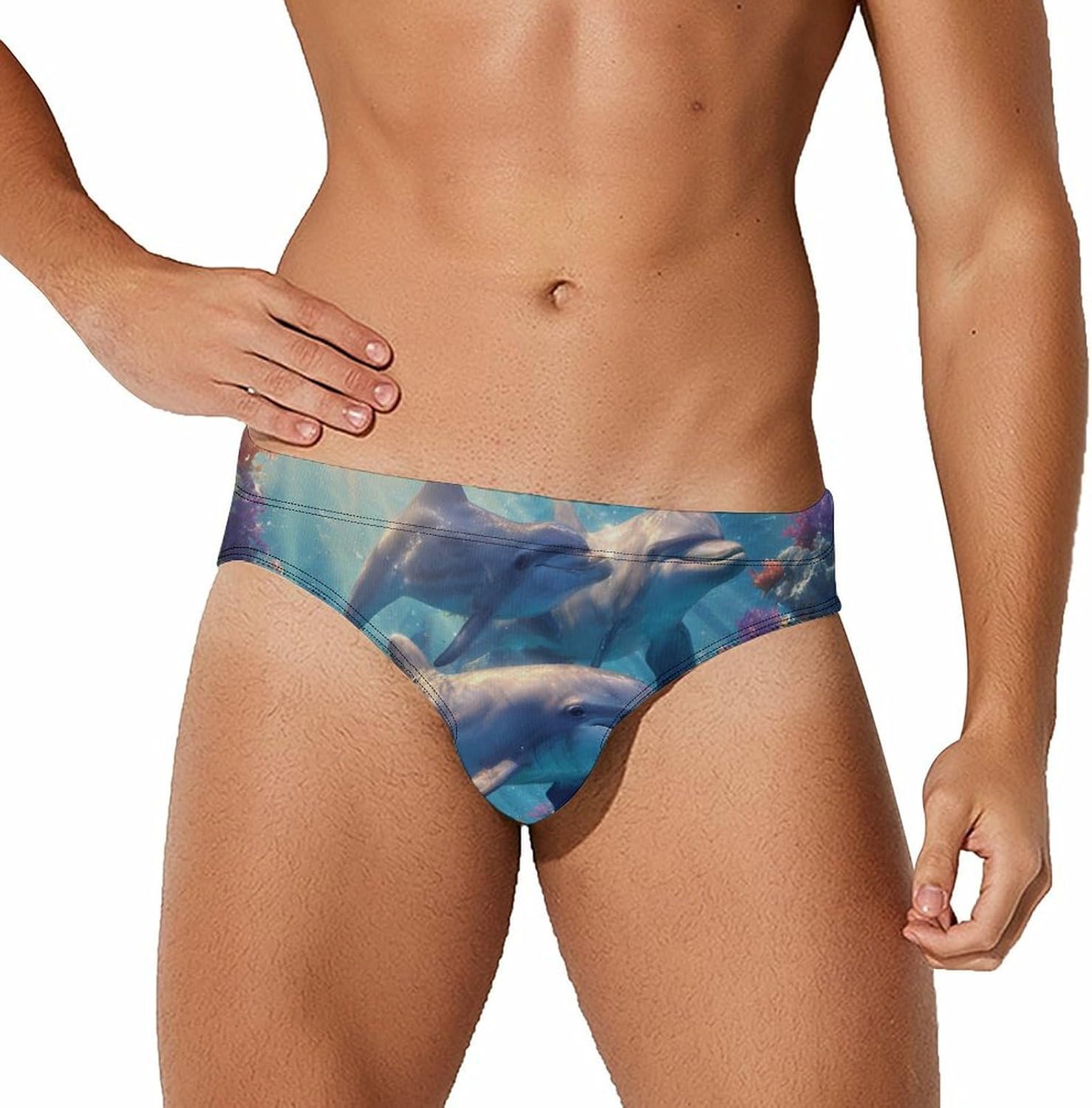 Ocean Dolphin Men's Swimsuit Brief Sexy Bikini Briefs Retro Printed Swimwear Quick Dry Swimming Trunks 3X-Large
