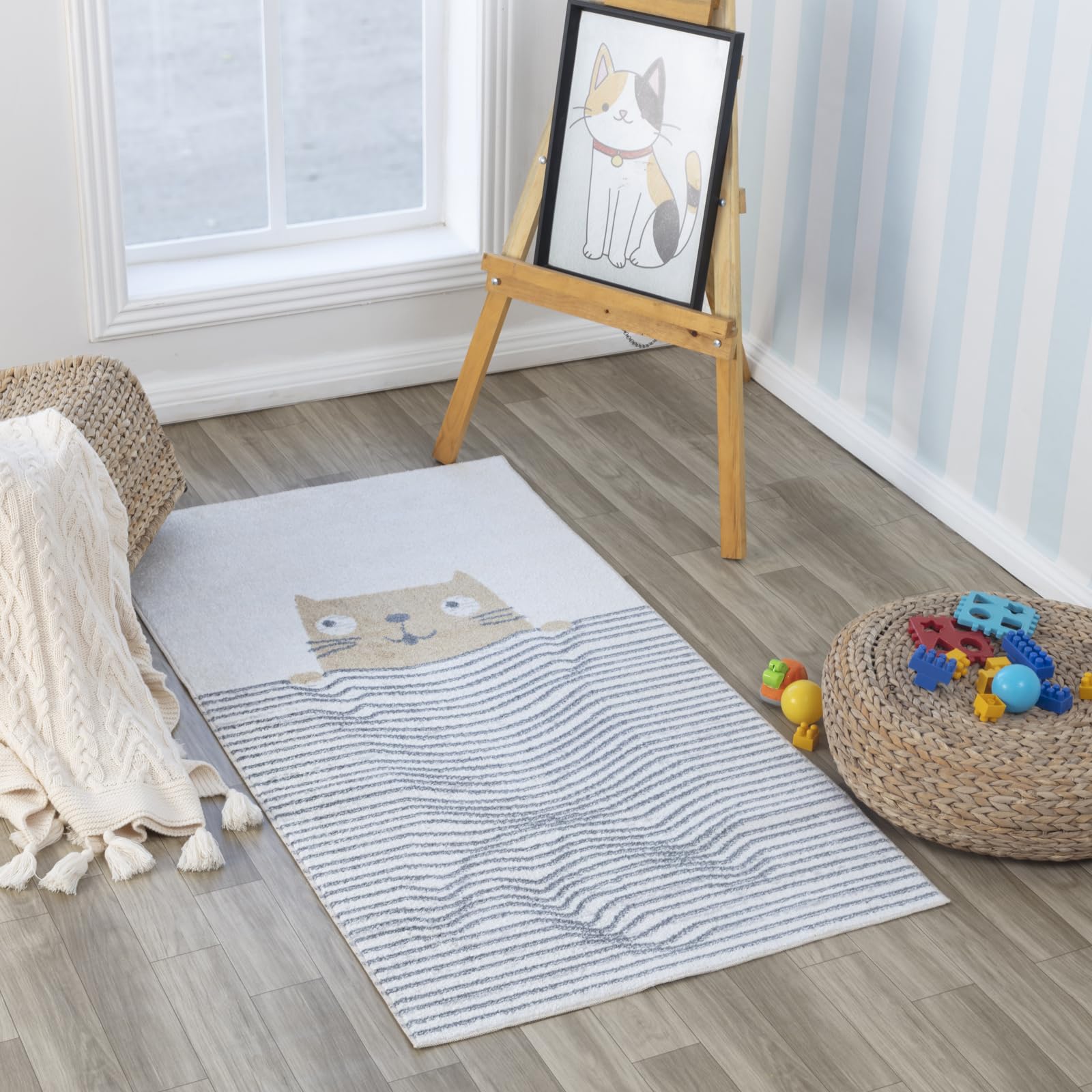 Livabliss Catnap Cat Washable Kids - Childrens for Bedroom 80x150 cm, Machine Washable Animal for Girls & Boys Bedroom, Playroom and Nursery - Girl, Boy, Baby, Kids Carpet, Cream