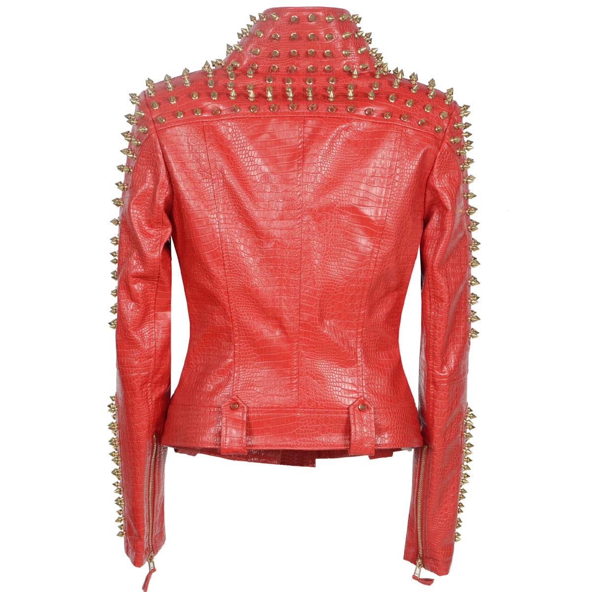 LFSS Women's Personality Punk Rock Rivets Motorcycle Leather Jacket Studded Perfectly Shaping Short Motobiker Coats: 3X-Large Red