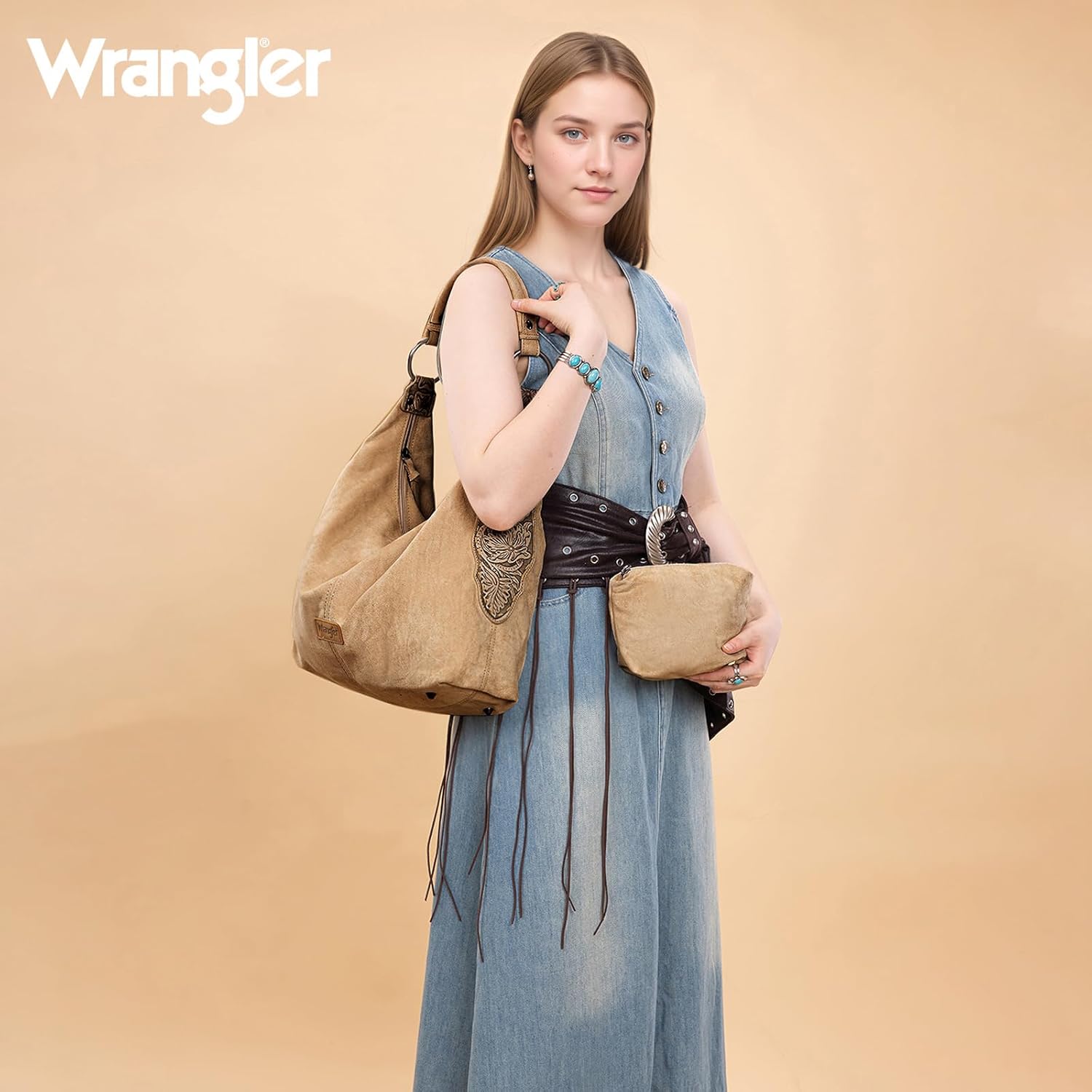 Wrangler Suede Hobo Purse for Women Embossed Soft Slouchy Shoulder Bag 2Pcs Set - Image 2