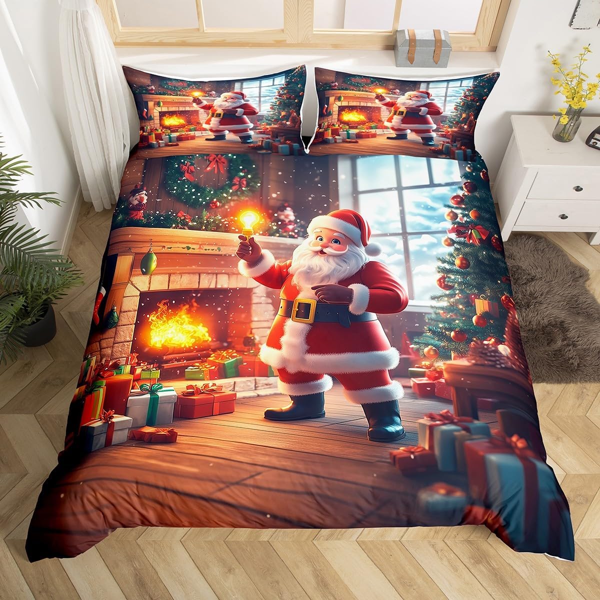 3D Santa Claus Duvet Cover Set Jungle Winter Farmhouse Decor Rustic Style Bedding Set for Kids Teens Adults Christmas Tree Decor Cabin Comforter Cover with 2 Pillowcases(No Comforter)Queen Size 3 Pcs