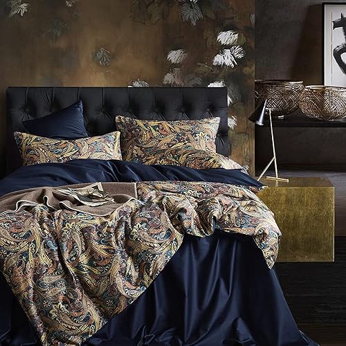 Juego de funda de edredón floral de cachemira, tamaño queen, con temática dorada y elegante, de lujo, bohemio, damasco, colección de ropa de cama, 1