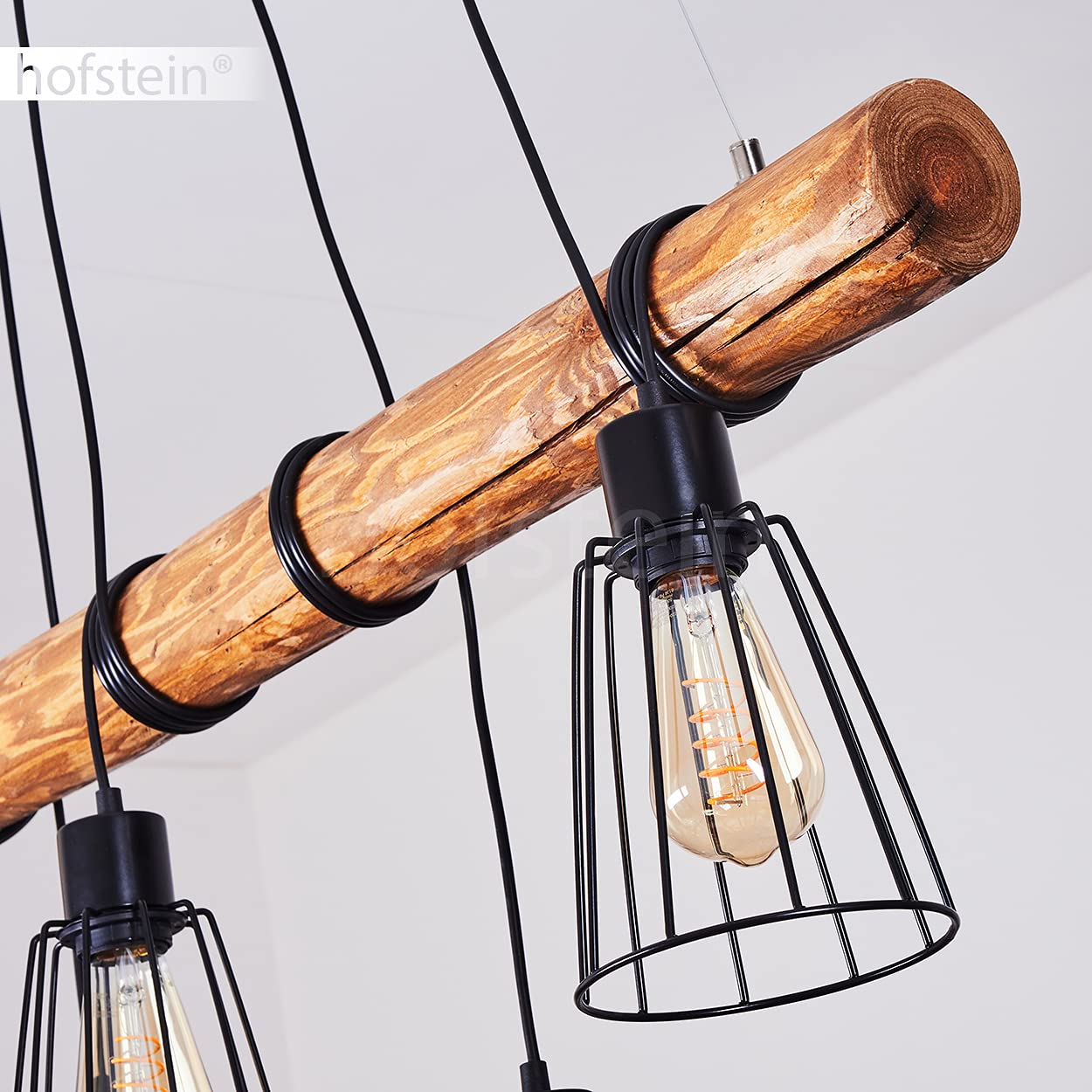 Lampa wisząca Canedo, 5-lampowa lampa wisząca z metalu/drewna w kolorze czarnym/brązowym w stylu skandynawskim, lampa wisząca z drewnianym prętem i kloszami w kształcie kraty, 5 x E27, bez żarówek