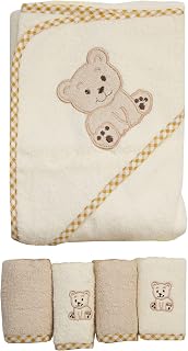 Spasilk Bath Hooded Towels & Washcloths Set for Babies, Hooded Terry Bath Towel & 4 Washcloths, Beige