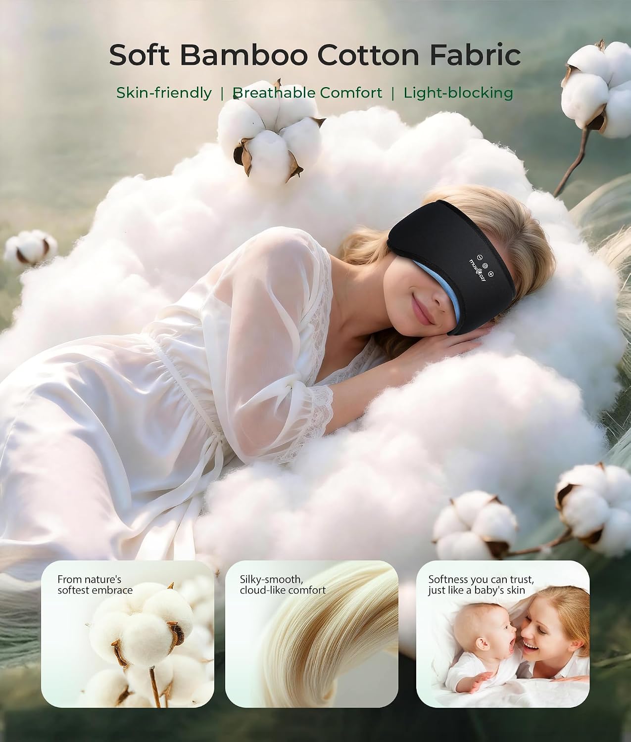 musicozy sleep mask with bluetooth headphones, bamboo cotton extended sleep headphones for side sleepers, bluetooth eye mask for sleeping, wireless earphones with hd stereo speakers (classic black)