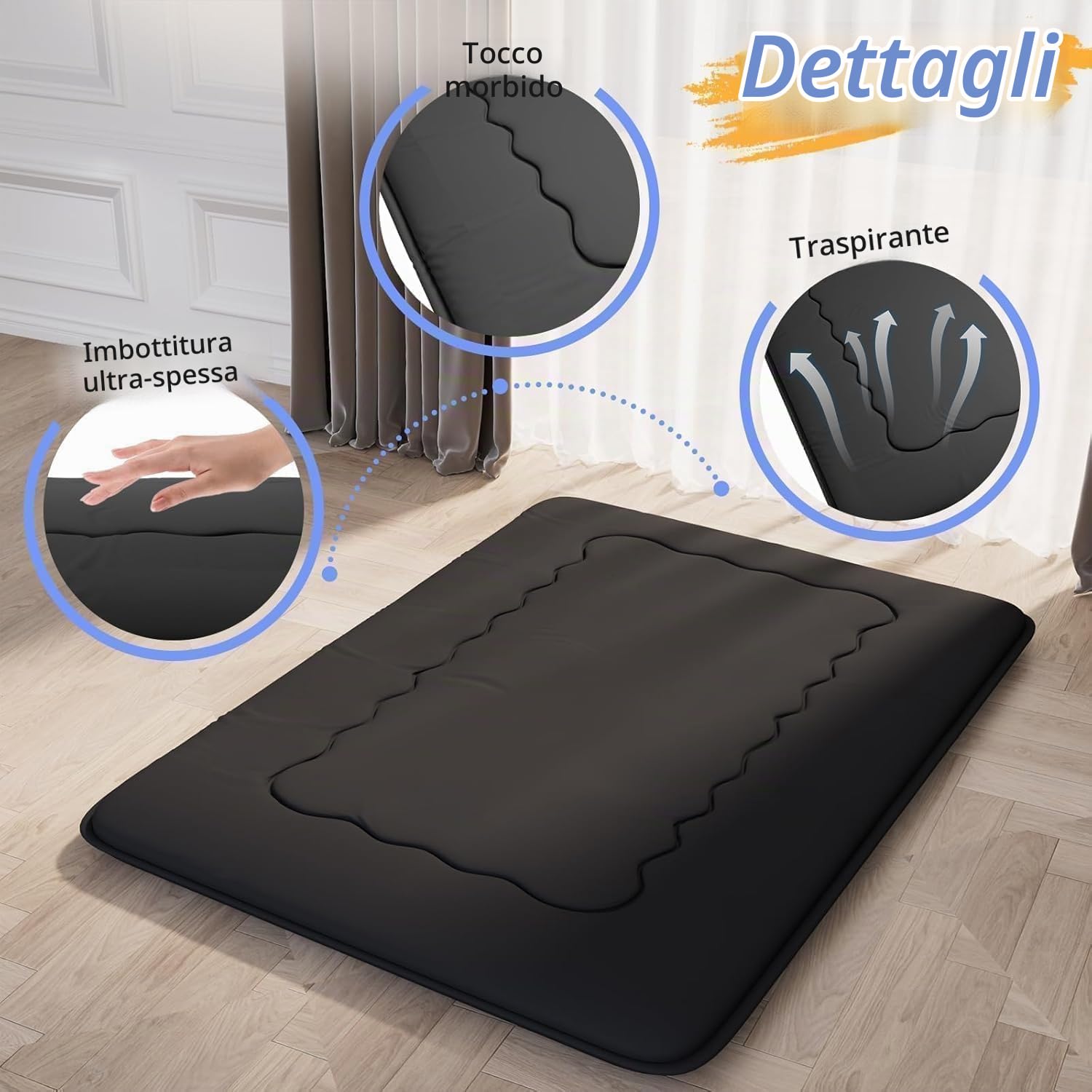 Kiseely Materassino giapponese Futon, pieghevole, Tatami portatile, con tasca e cinghia, materasso da pavimento, materasso da letto ispessito, materasso da campeggio (Nero GV1, 90X200cm)