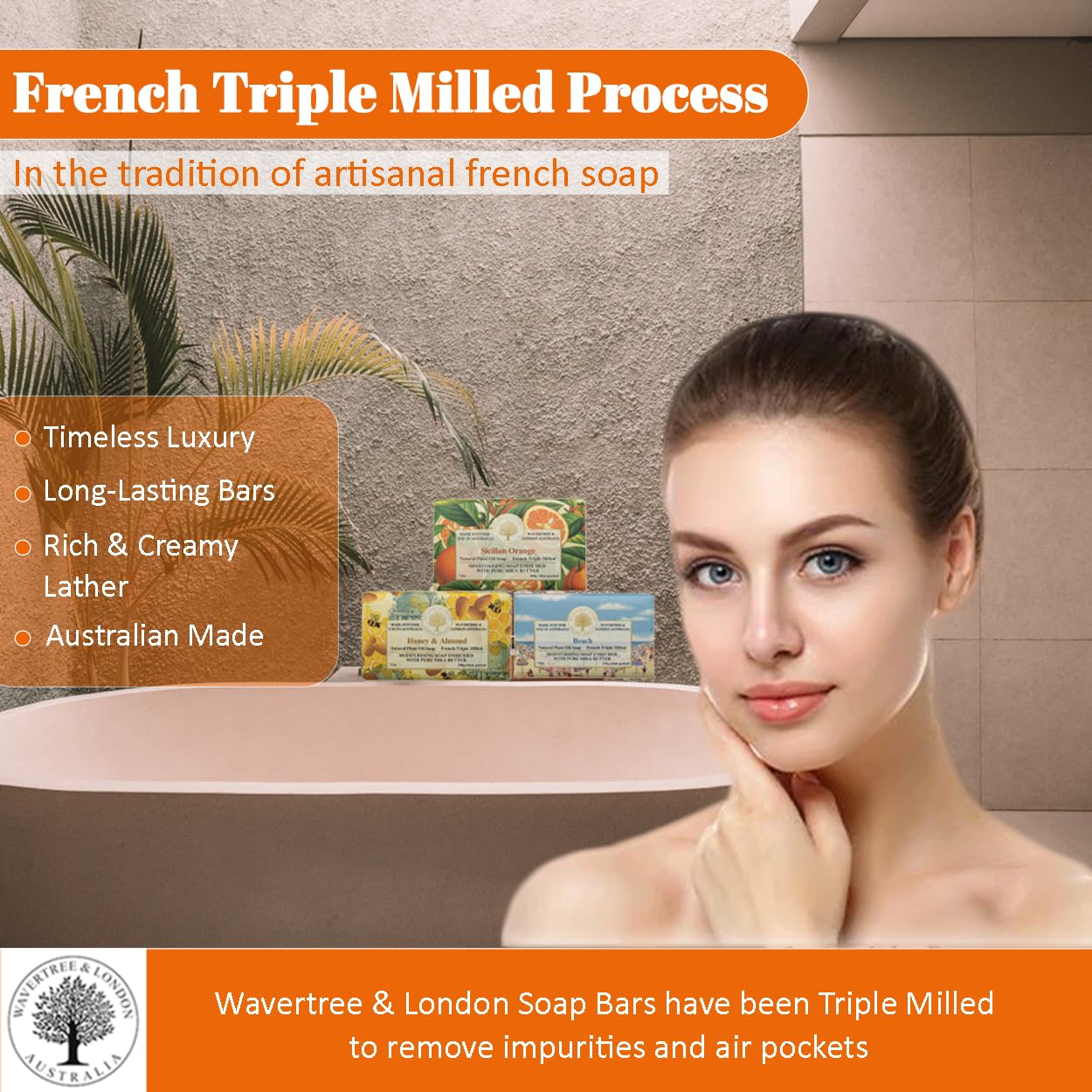 Wavertree & London Trio Gift Box (3 Bars) - 7oz Honey & Almond, Beach and Sicilian Orange Scented Moisturizing Triple Milled Natural Soap Bars - Pure Plant Oil Soap Bars for All Skin Types