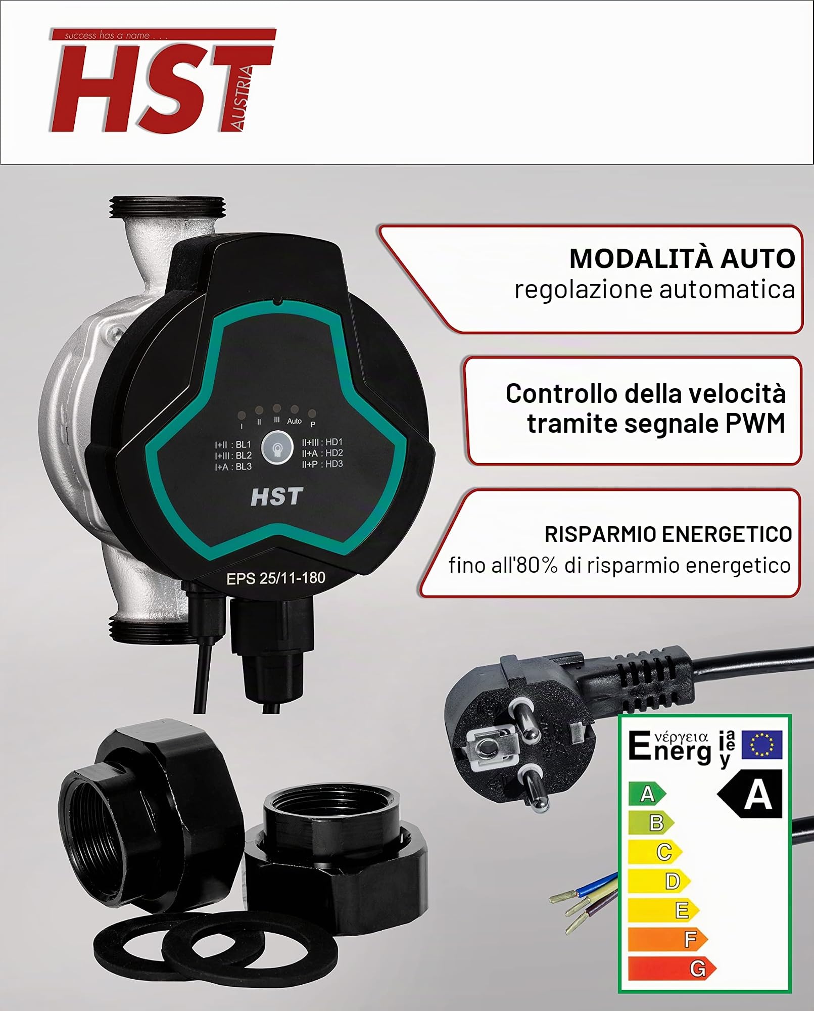HST | Pompa di riscaldamento ad alta efficienza | Pompa di circolazione | HST EPS 25-11/180 mm | Altezza di mandata 11 m | regolazione della velocità tramite segnale PWM