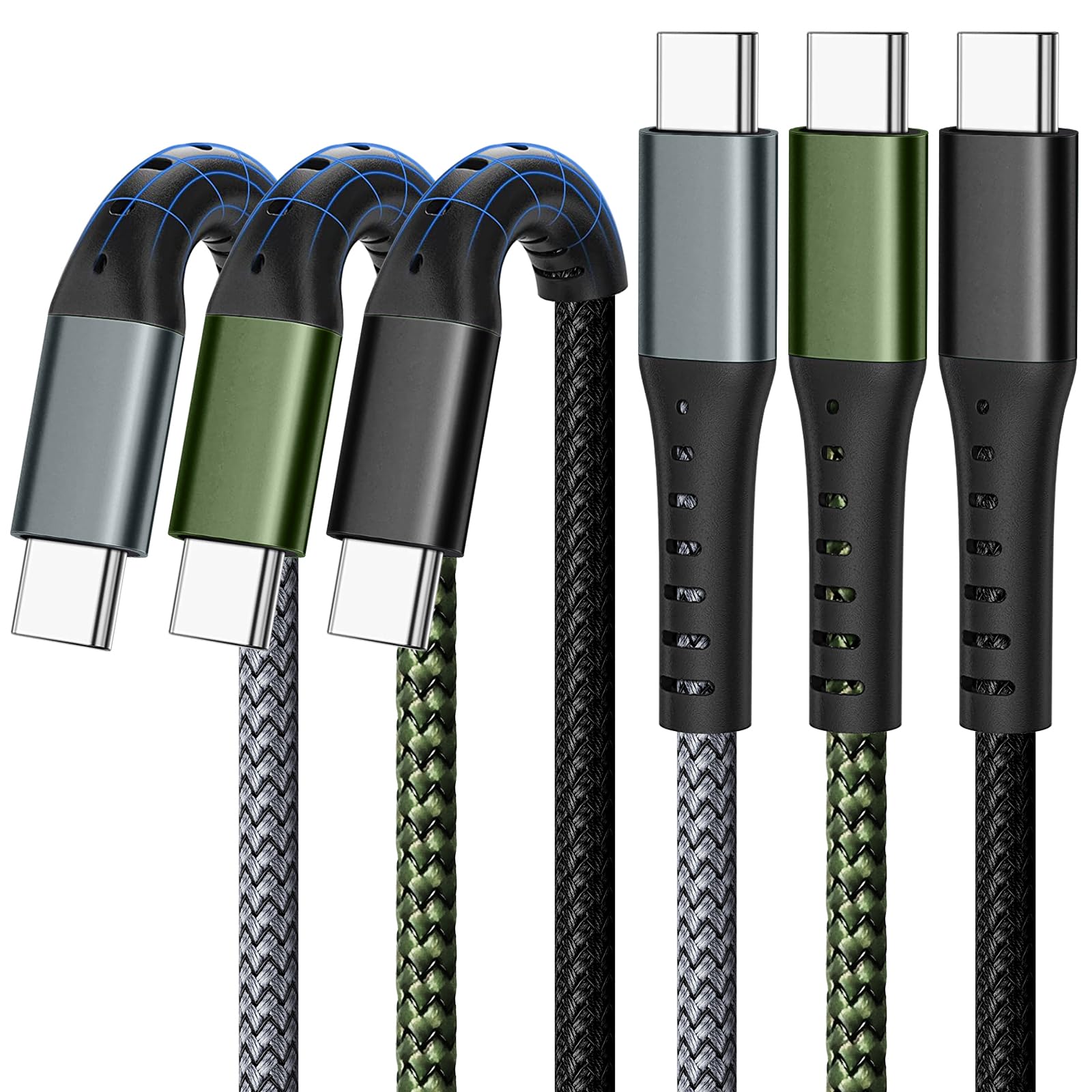 Paquete de 3 cables de carga rápida USB C de nailon trenzado tipo C a tipo C de 3 pies y 60 W para Samsung S23 Ultra/A14/S23/A54, iPhone 16/Pro Max, iPhone 15/Pro Max, Pixel 8 7, Redmi, iPad Pro | Compatible con Samsung, iPhone, Pixel, iPad, MacBook. Nail
