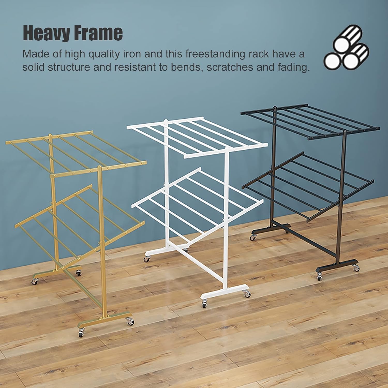 Large Capacity Rolling Scarf Rack Stand Holder with Wheels, 2 Layer Heavy Duty Multifunctional Storage Organizers for Pants/Towel/Stoles (Gold)