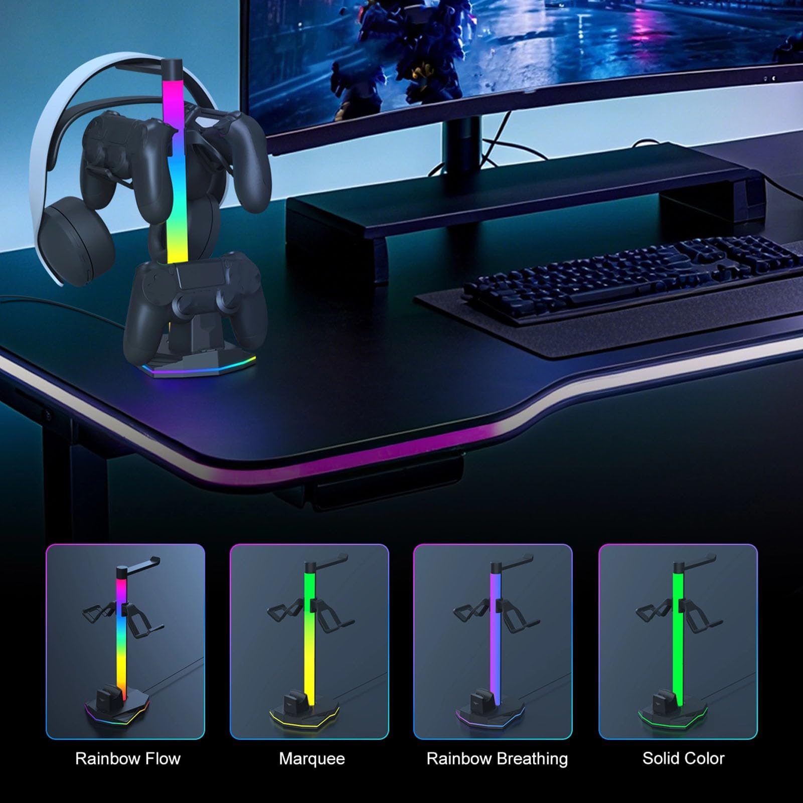 Supporto di Ricarica per Controller di Gioco 3 in 1, Supporto per Cuffie RGB con 2 Porte USB 2.0 e 1 Porta USB C, 4 modalità di Illuminazione, Gancio per Auricolari per Riporre