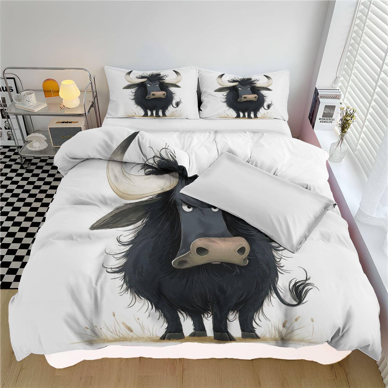 Parure de lit 240x260cm taureau noir en microfibre avec 2 taies d'oreillers 65x65cm