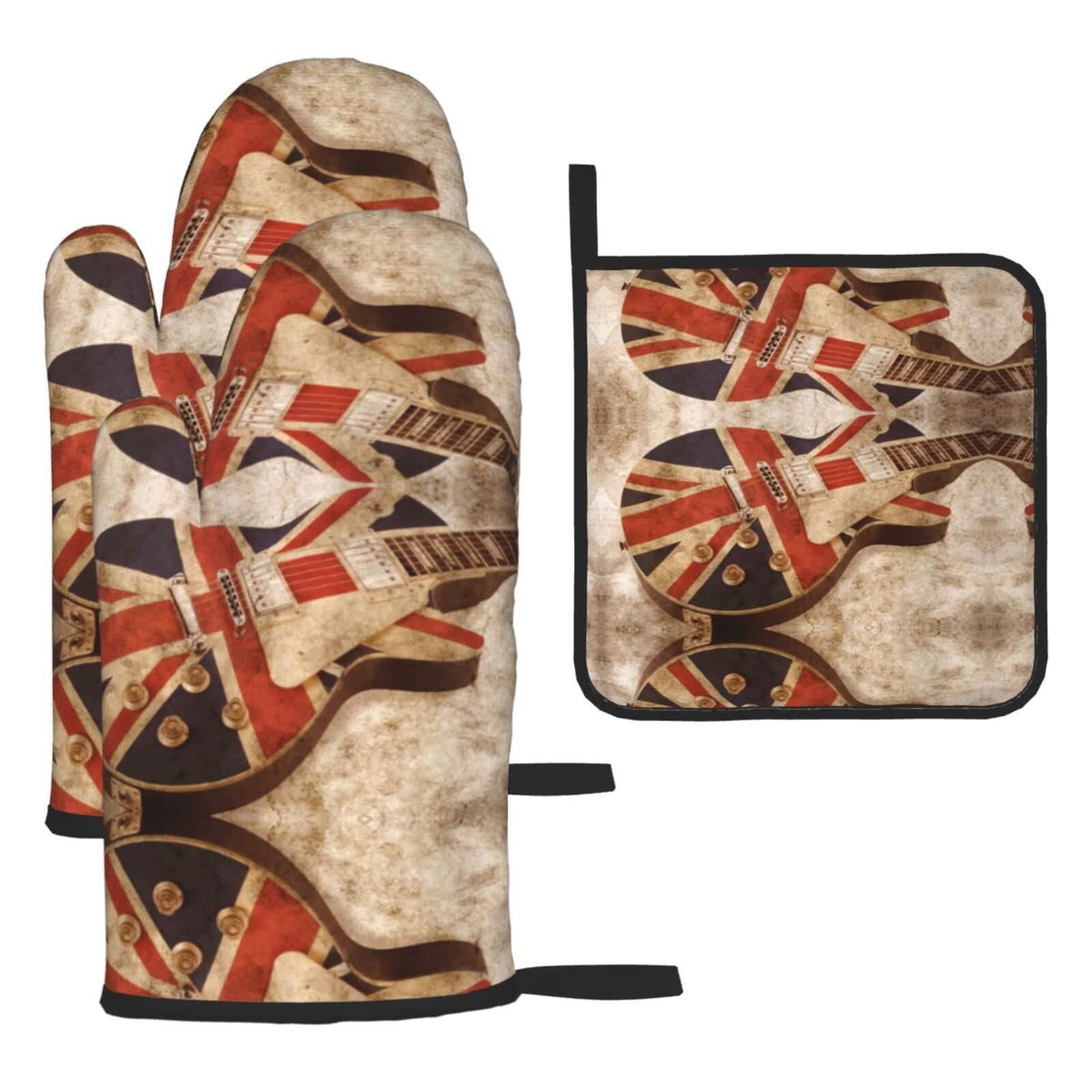 Guitar British Flag Oven Mitts and Pot Holder Kitchen Set for Grilling, Cooking, Baking, Heat Resistant