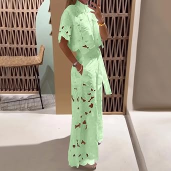 Women's Eyelet Lace Two Piece Outfits Floral Embroidery Shirts Short Sleeve Blouse Tops Wide Leg Pants Matching Sets