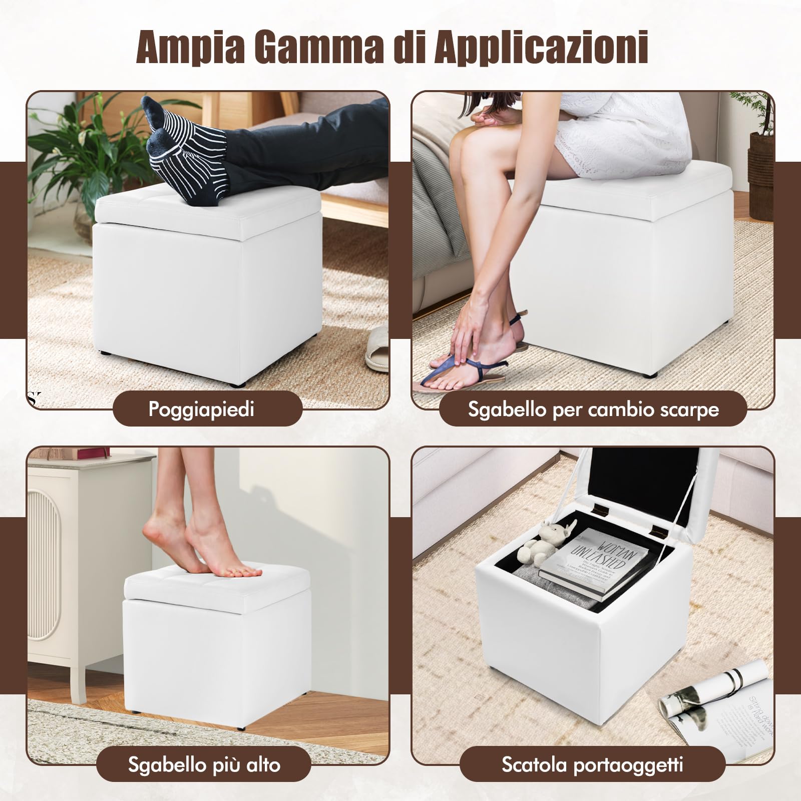 COSTWAY Pouf Contenitore Quadrato, Cubo Poggiapiedi di 30 L, Carico Max. 150 kg, 40 x 40 x 40 cm (Bianco)