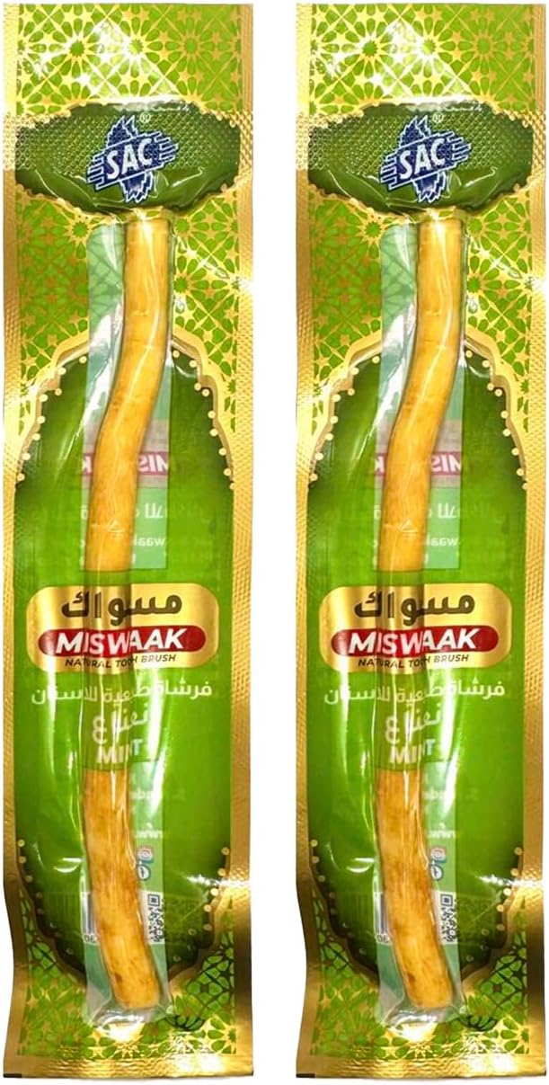 Pack of 2 Natural Miswak Toothbrush - Vacuum Sealed Traditional Toothbrush Stick - for Healthy Teeths,Gums and Fresh Breath (Mint Flavor-1)