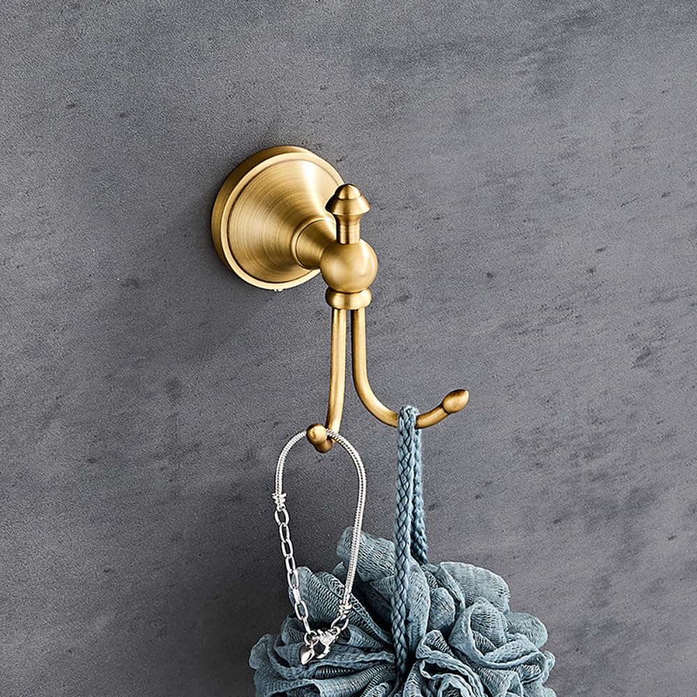Antik Messing Handtuchhaken Vintage Kleiderhaken mit 2 Haken Wandmontage Bademantelhaken für Badezimmer und Küche Bronze Handtuchhaken Aufhänger mit gebürstetem Gold-Finish
