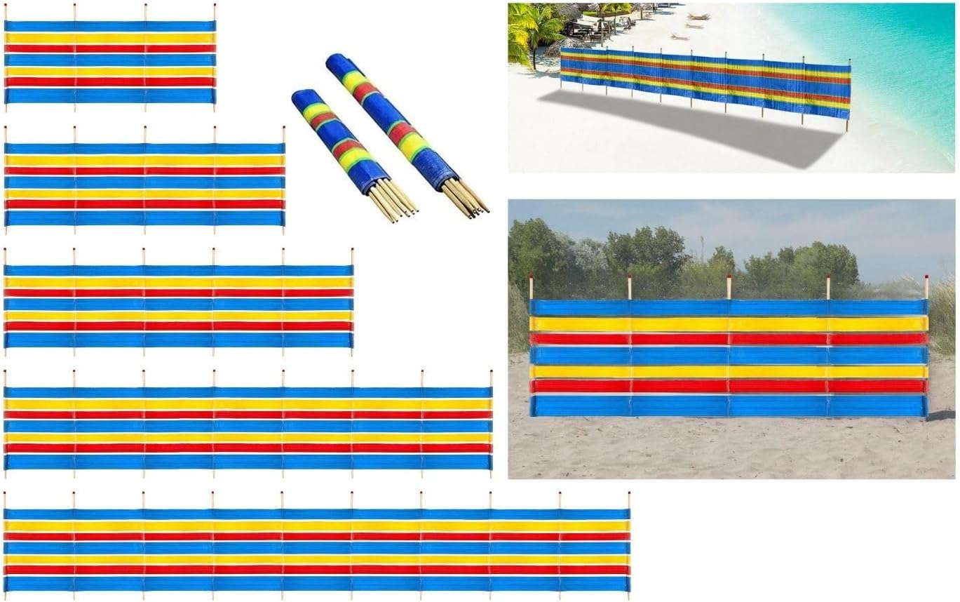 Multi-Coloured Wind Breaks, 4 5 6 8 and 10 Wooden Pole Bright Wind Breakers Camping, Festival, Beach, Caravan Holiday Sun Screen Shelter