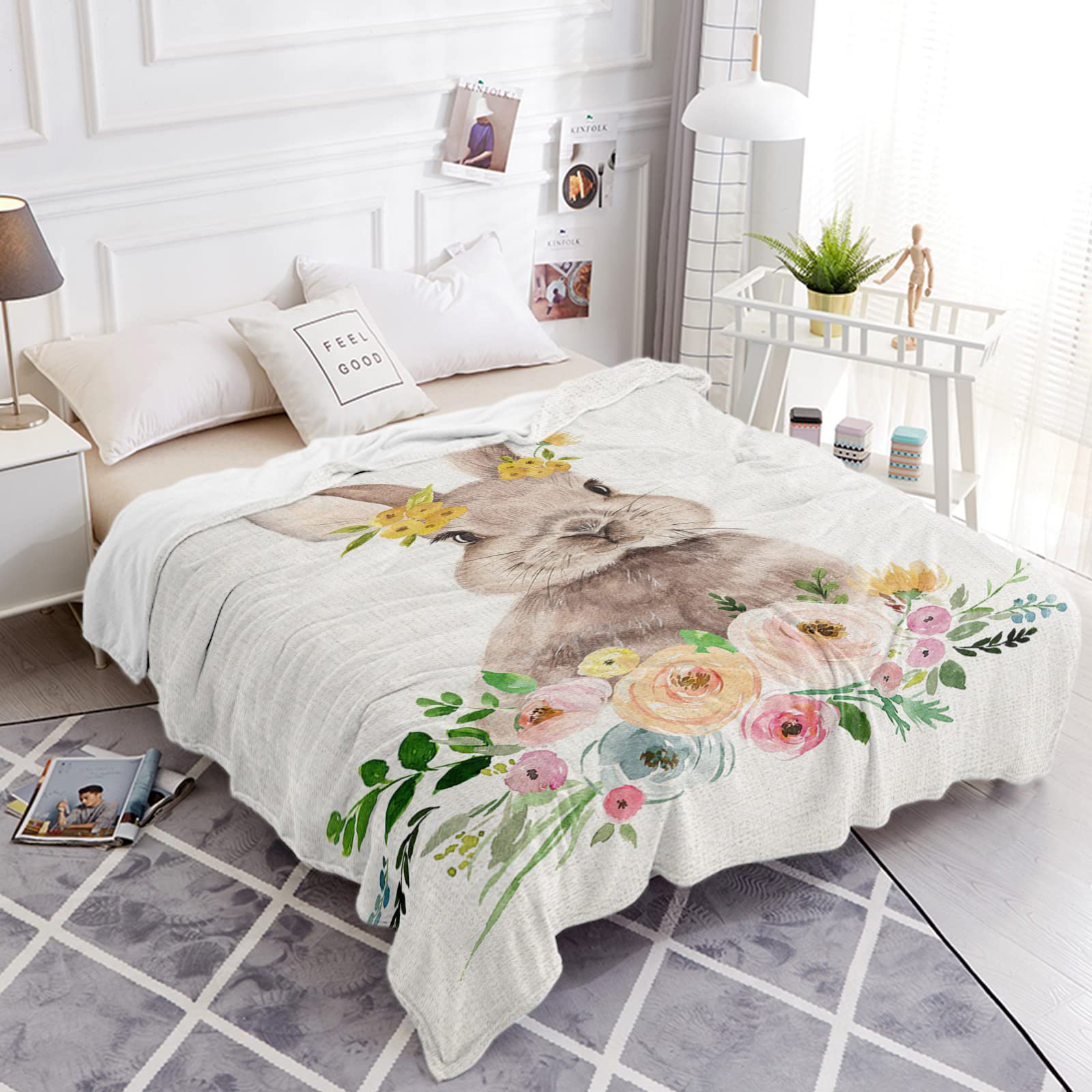 Chickwin Coperta Pasquale, 3D Fiori Stampa Coperta di Flanella Microfibra Calda Morbida Fluffy Comfort Leggera Coperte Flanella per Letto Singolo Matrimoniale (160x200cm,Fiori Bianchi